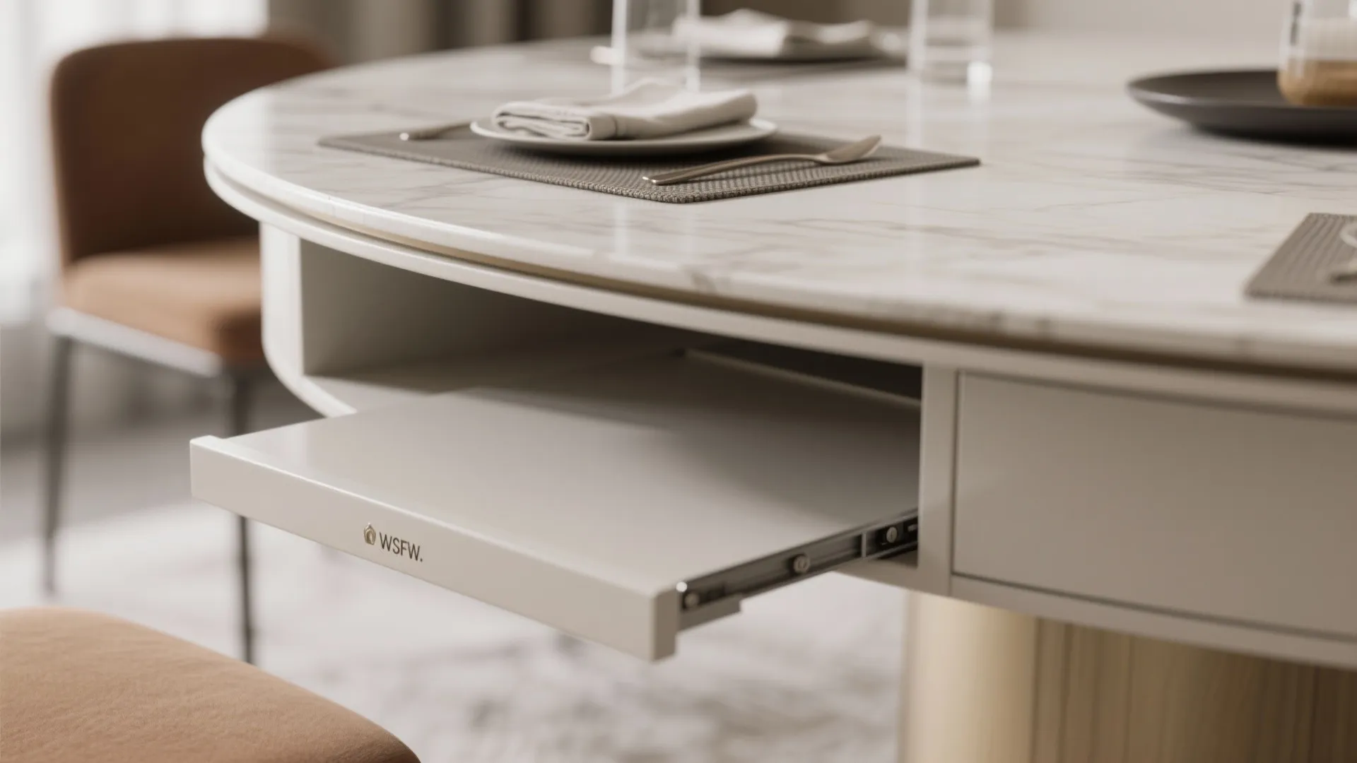 Close up of marble dining table featuring a small pull out drawer for extra storage space