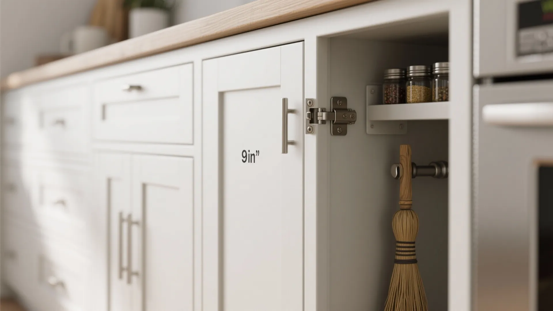 Close-up of narrow kitchen cabinet doors with magnetic catches and high-quality hinges.