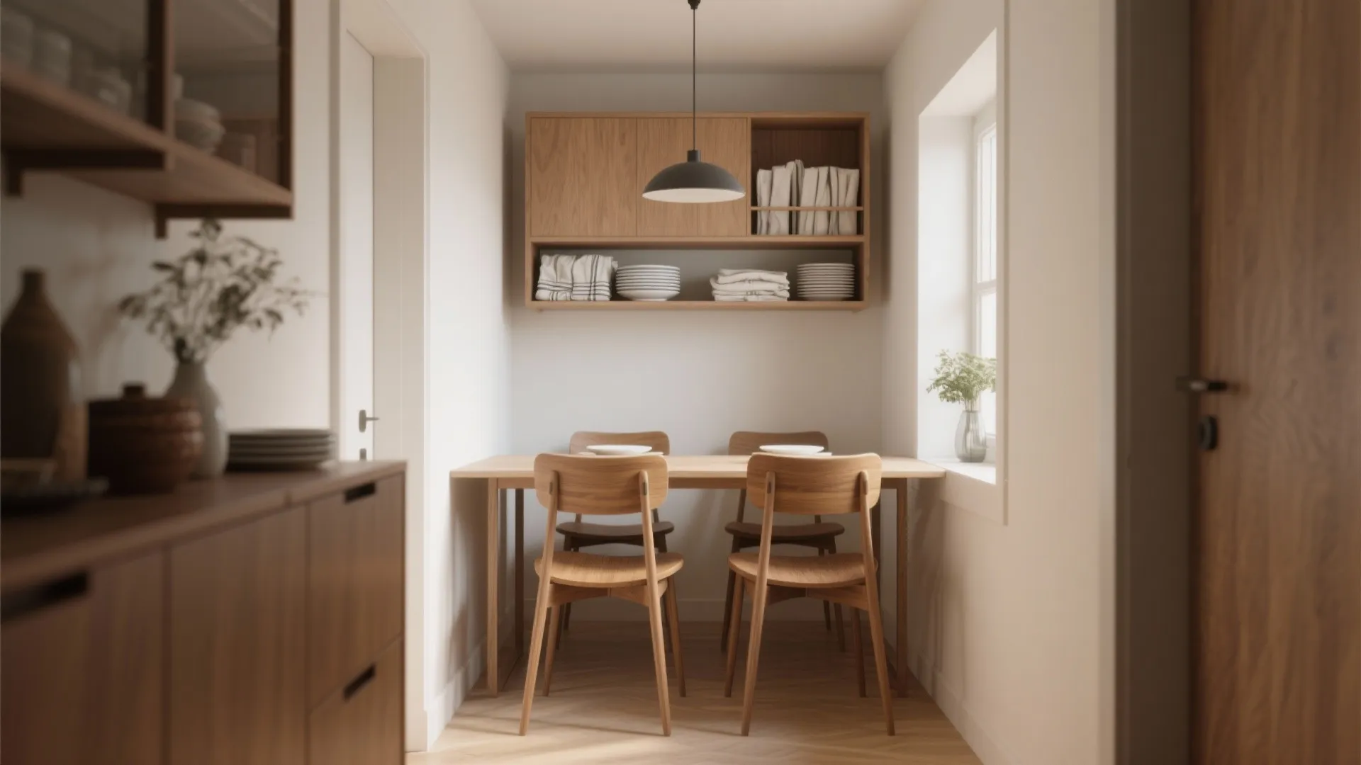 Narrow dining nook with four wooden chairs flanked by a slim credenza and a floating shelf for storage.