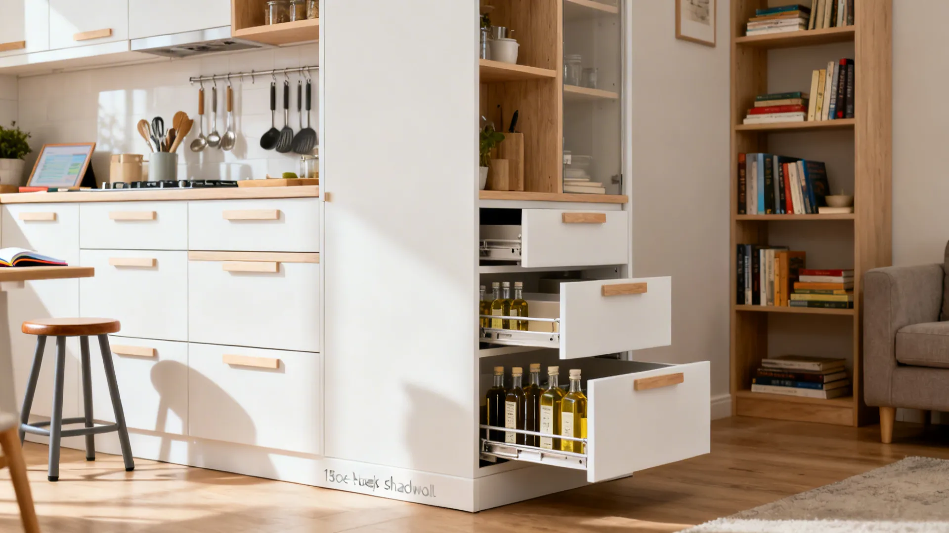 Narrow full-height storage island with drawers and a shallow bookcase in a small kitchen.
