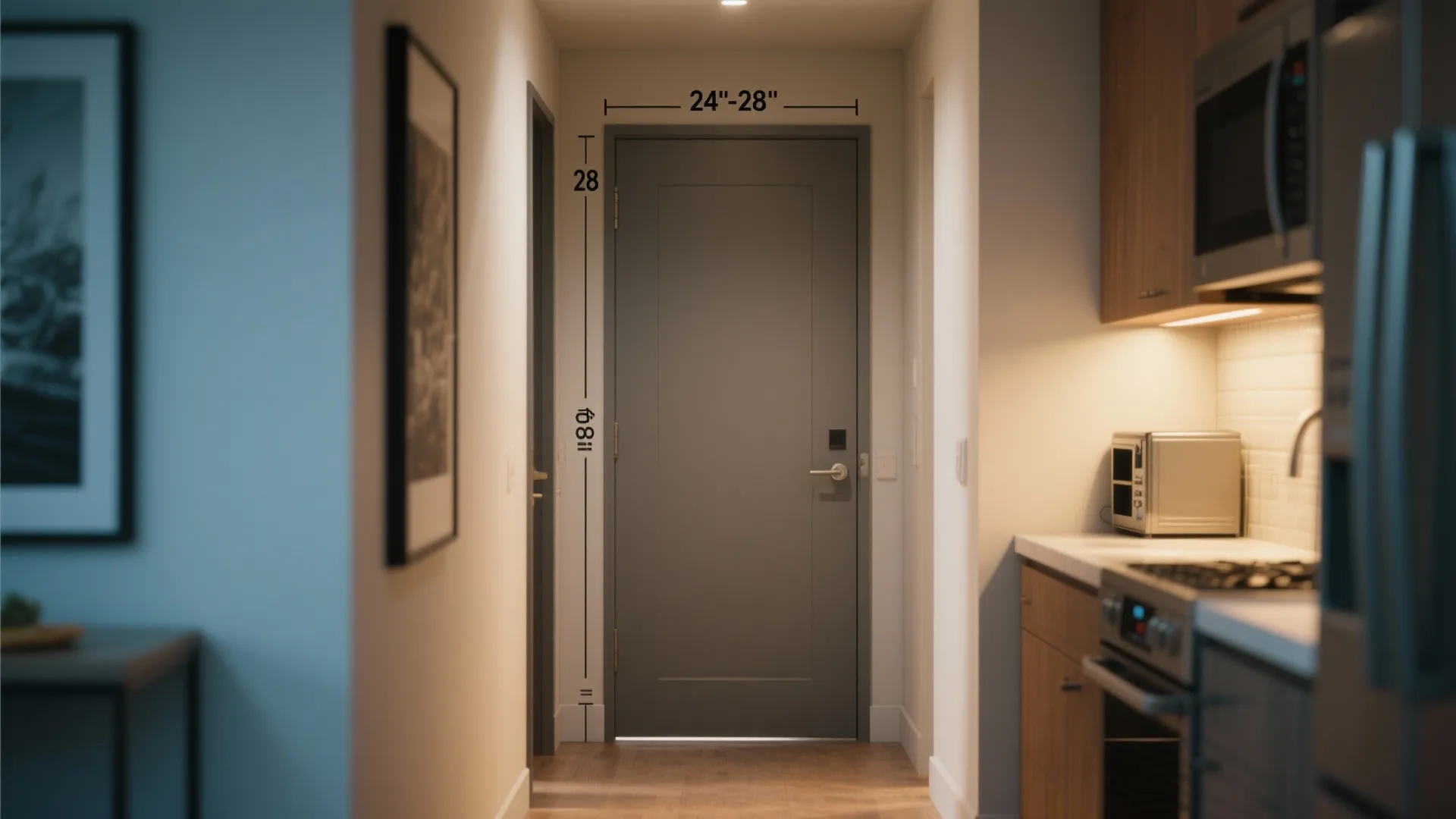 Tight corridor entry with a narrow single swing door preserving walkway clearance.