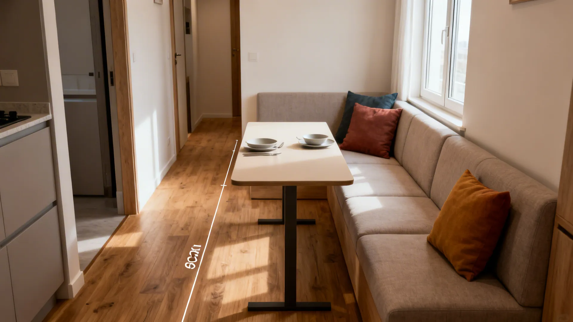 Slim dining table placed behind a sofa creating dual-purpose surface in a small apartment.