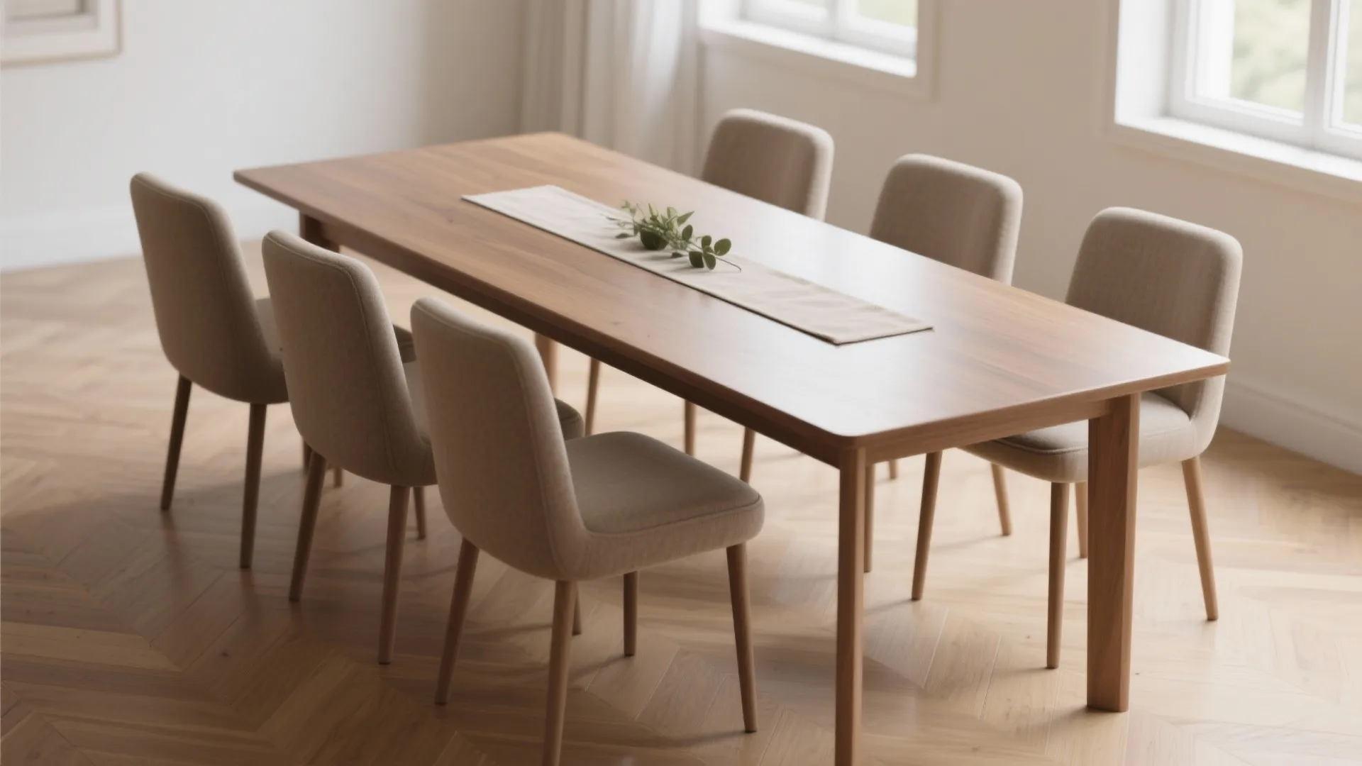 Long wooden dining table with six beige fabric chairs on a light brown wood floor