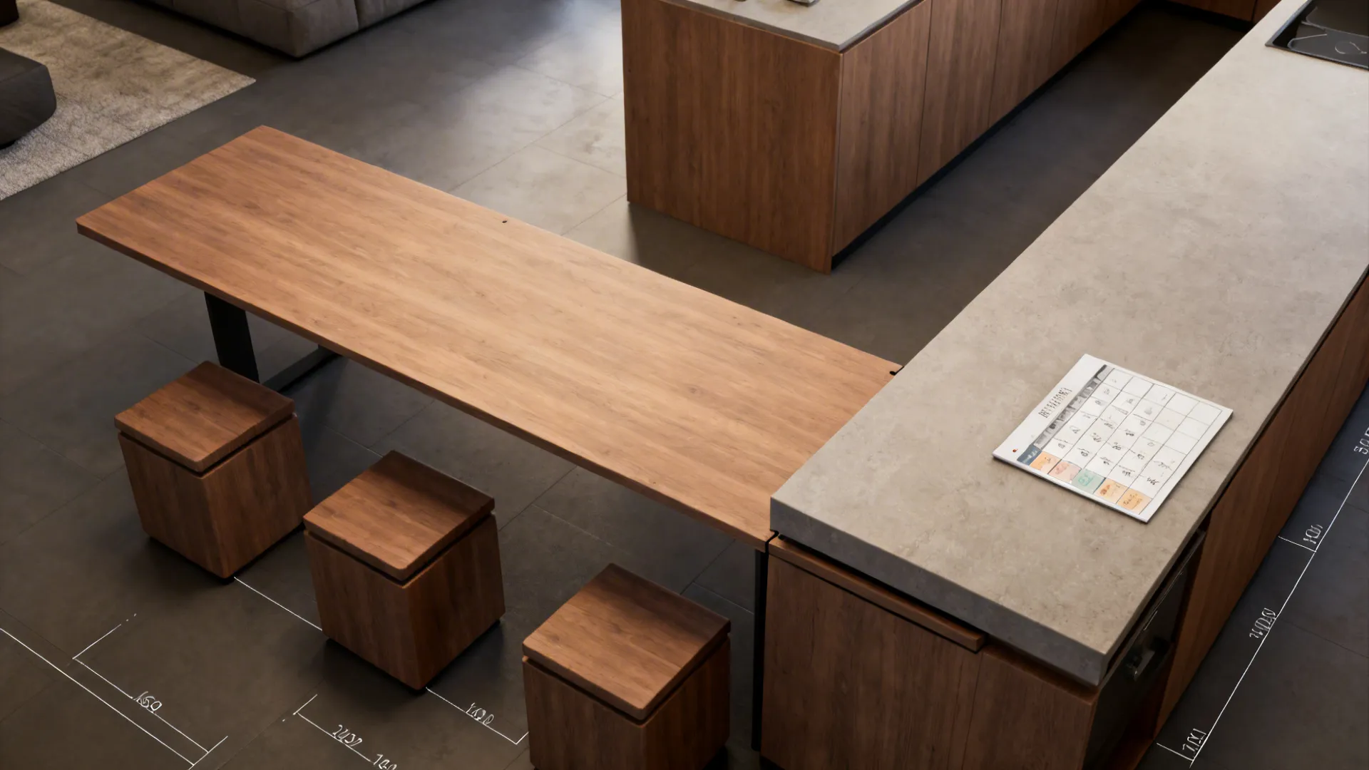 Modern kitchen island with attached long wooden dining table plus three matching square wooden seating stools