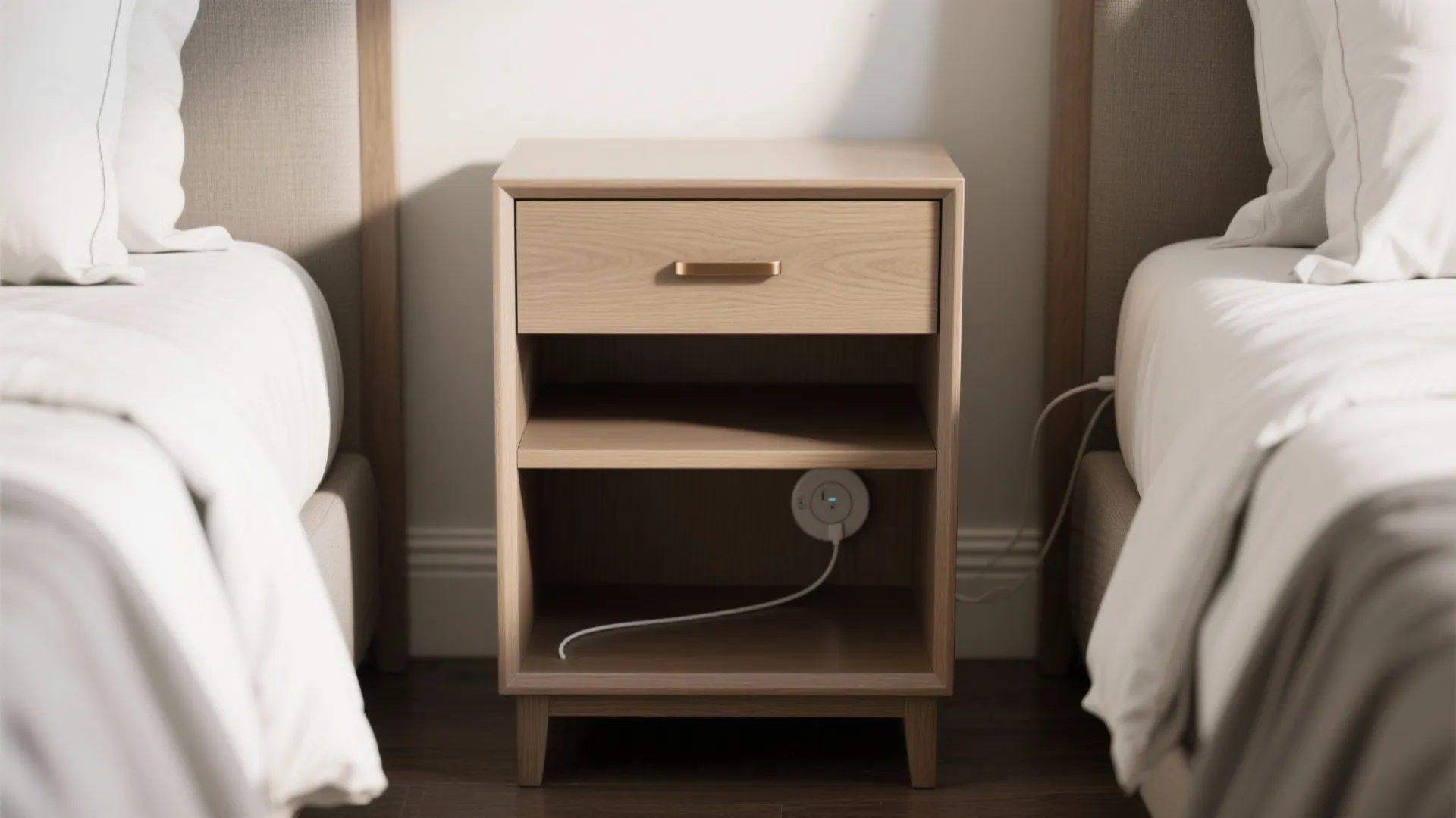 2) Hotel-style symmetry with a narrow shared night table