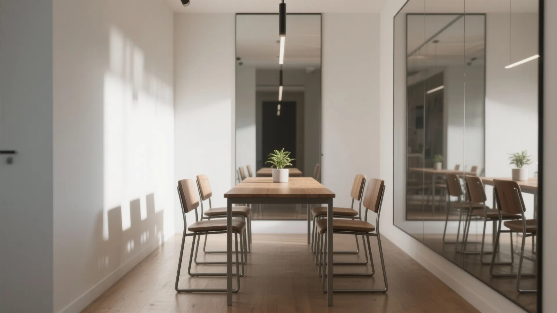 Modern dining room featuring wooden table chairs with wall mirrors and bright natural sunlight shadows