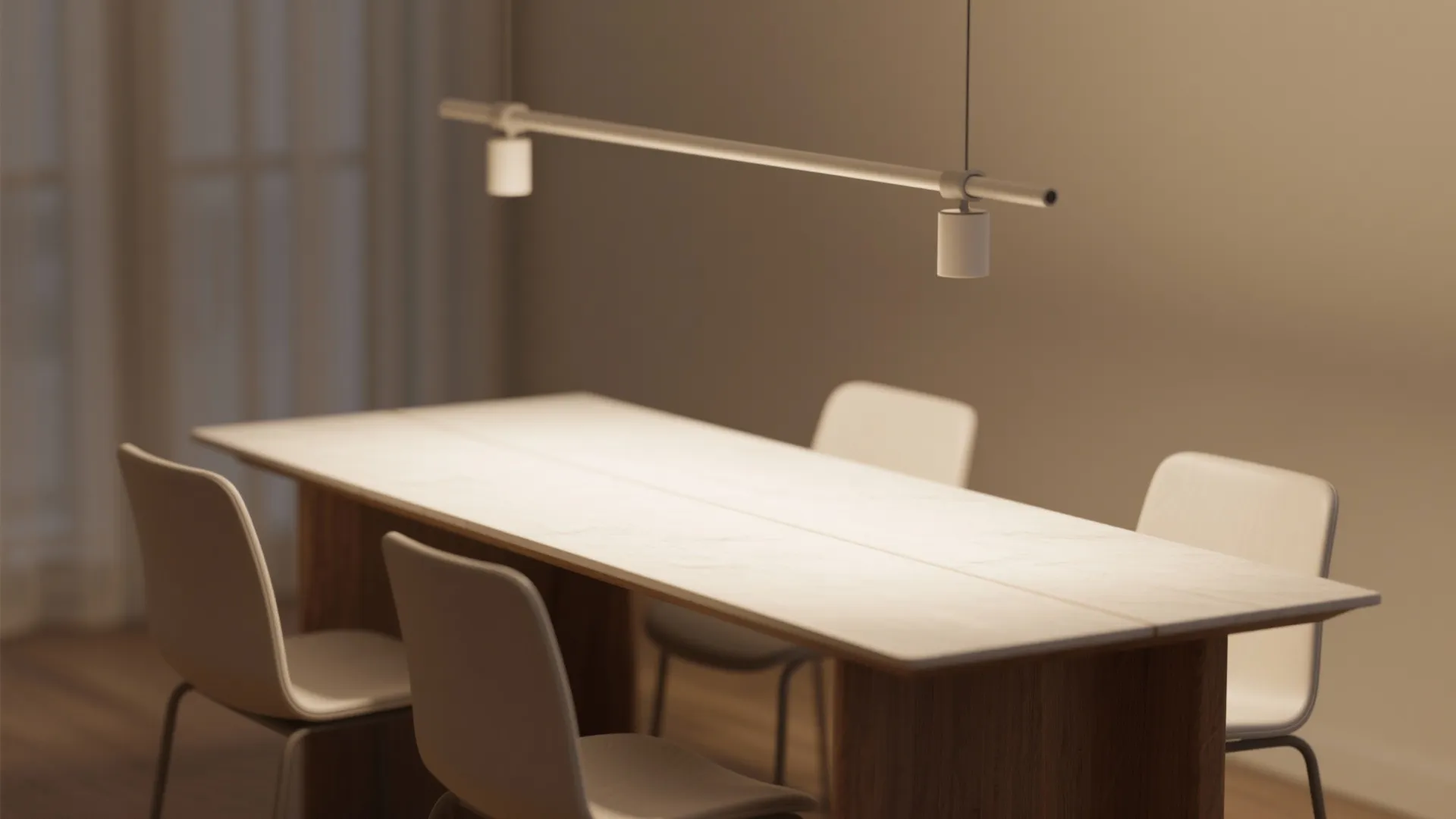 Narrow dining table illuminated by a single linear track with adjustable heads for even lighting.
