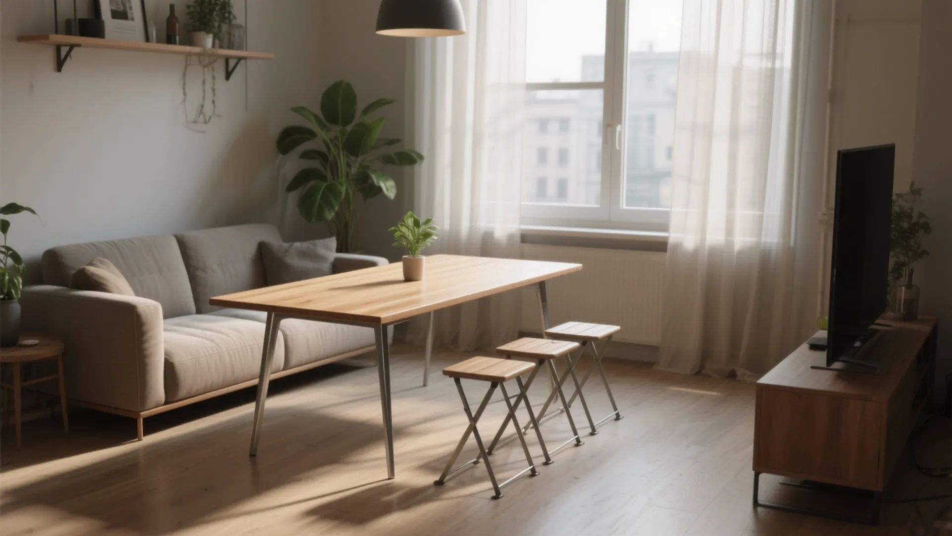 2. Narrow rectangular table along a window or sofa