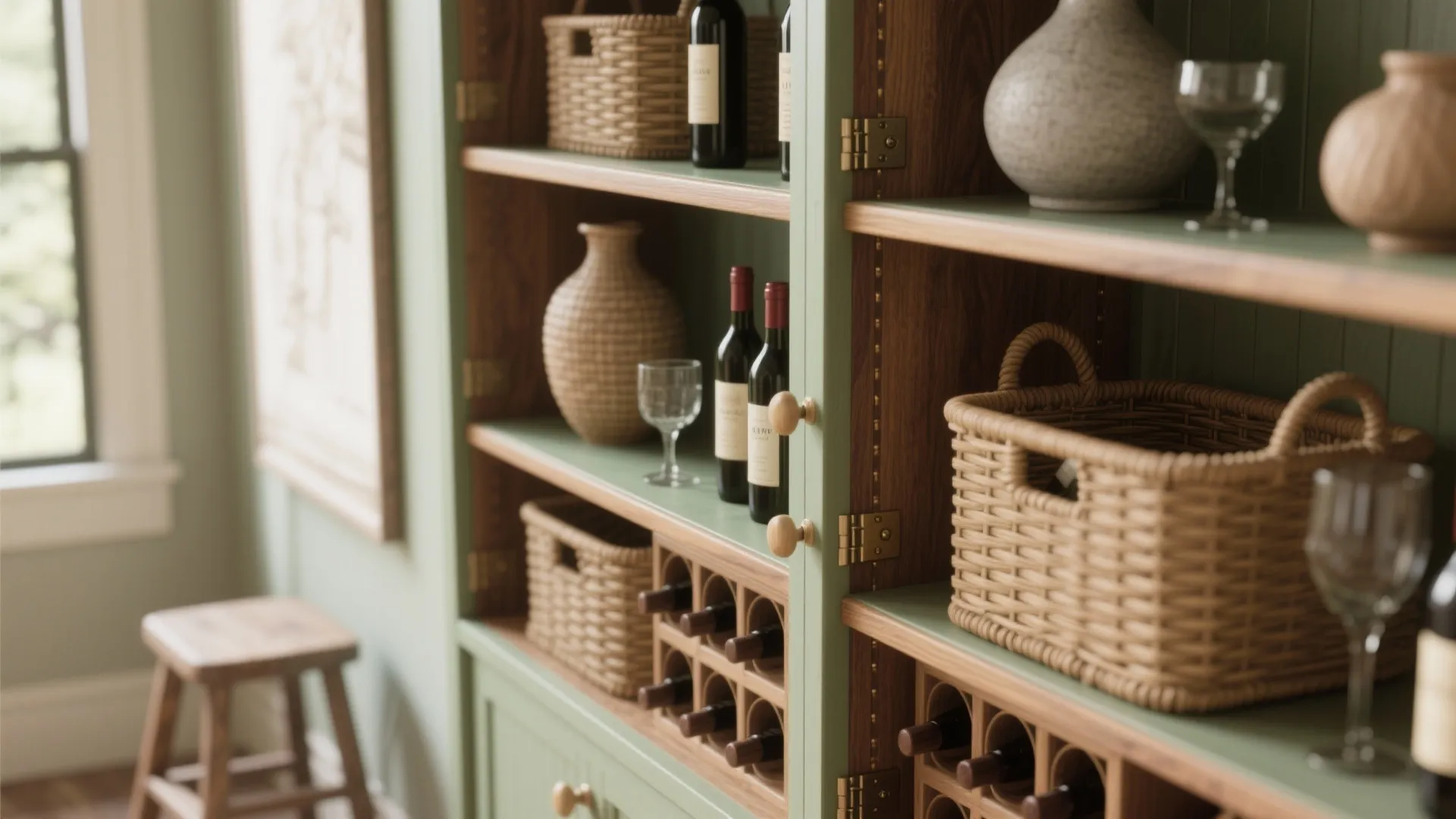Green and wood wall cabinet with wine rack woven baskets bottles glasses and small stool