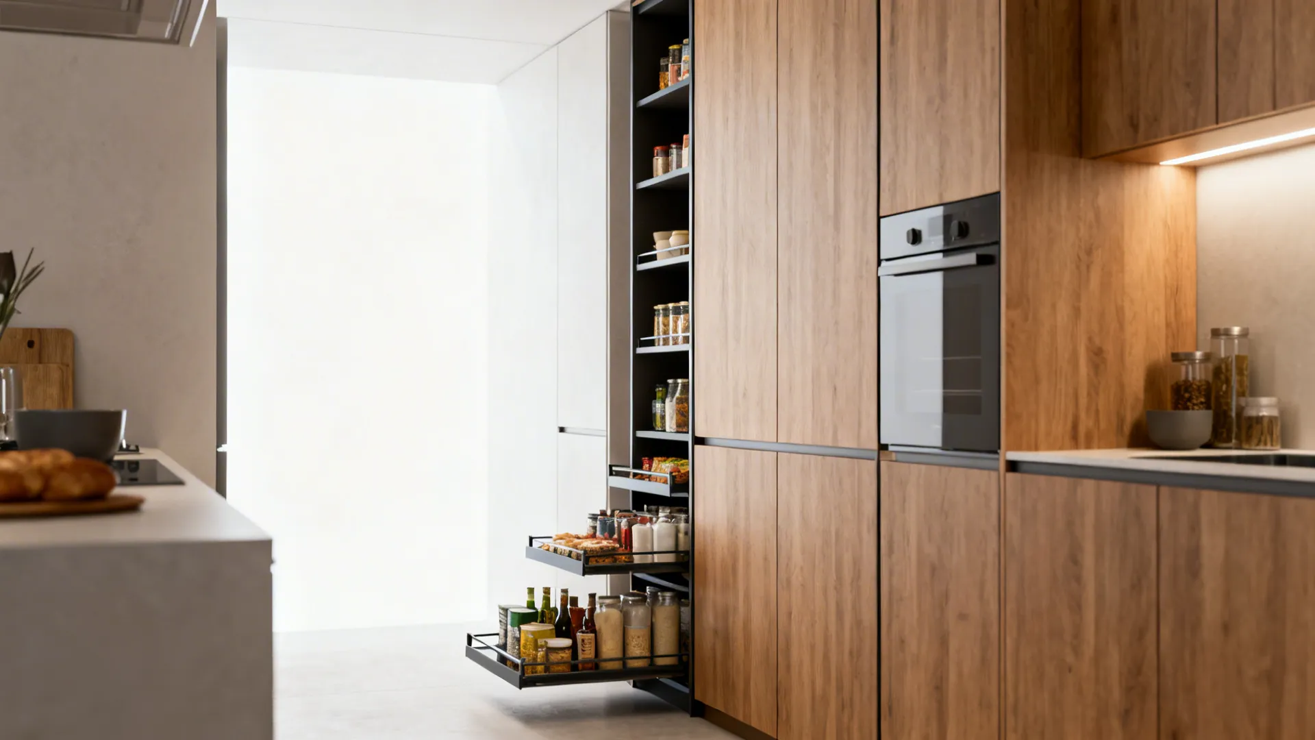 Slim tall cabinet in a narrow kitchen gap with pull-out trays for compact pantry storage.