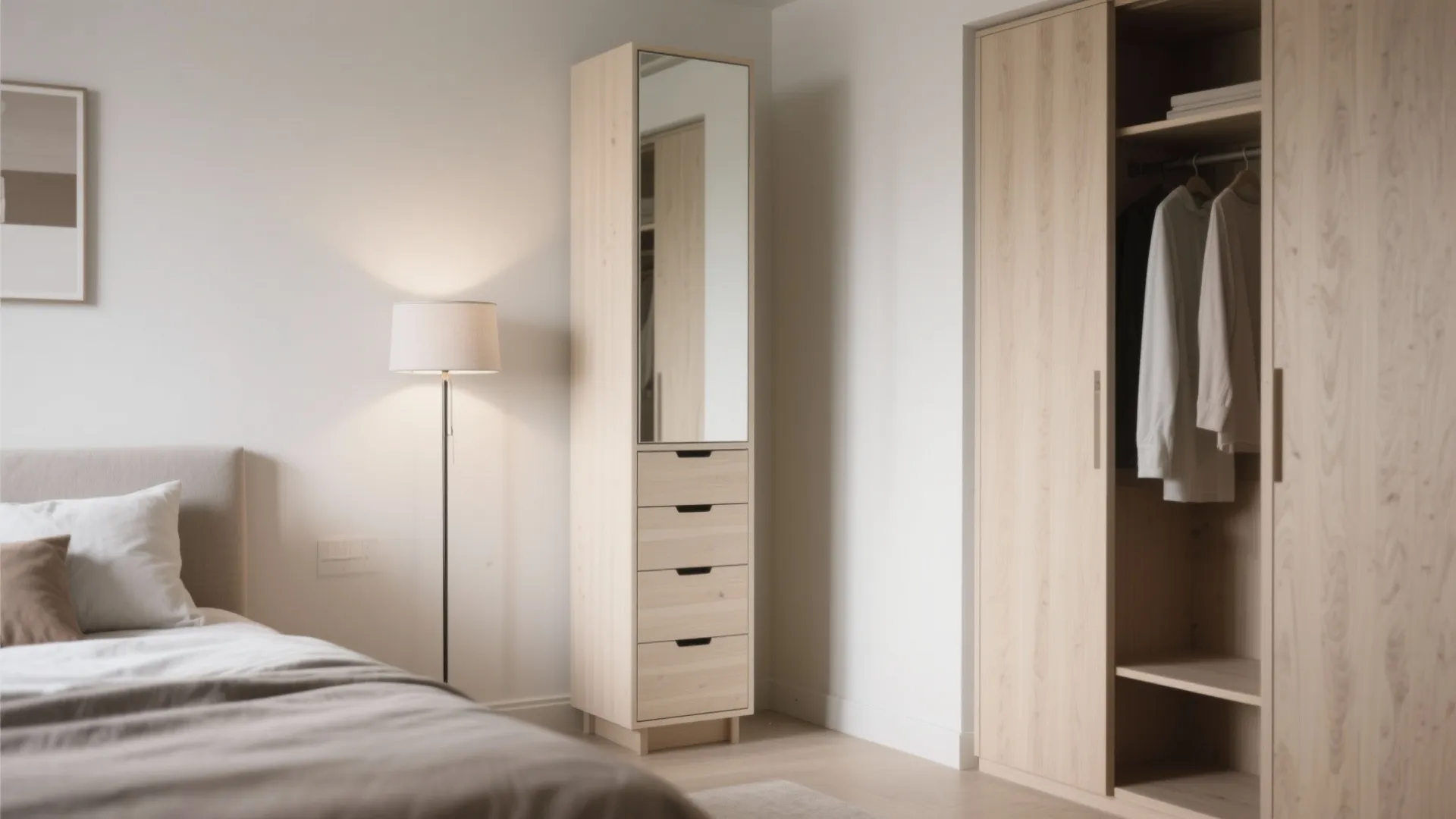 Light wood bedroom wardrobe with tall mirror next to a floor lamp and cozy bed