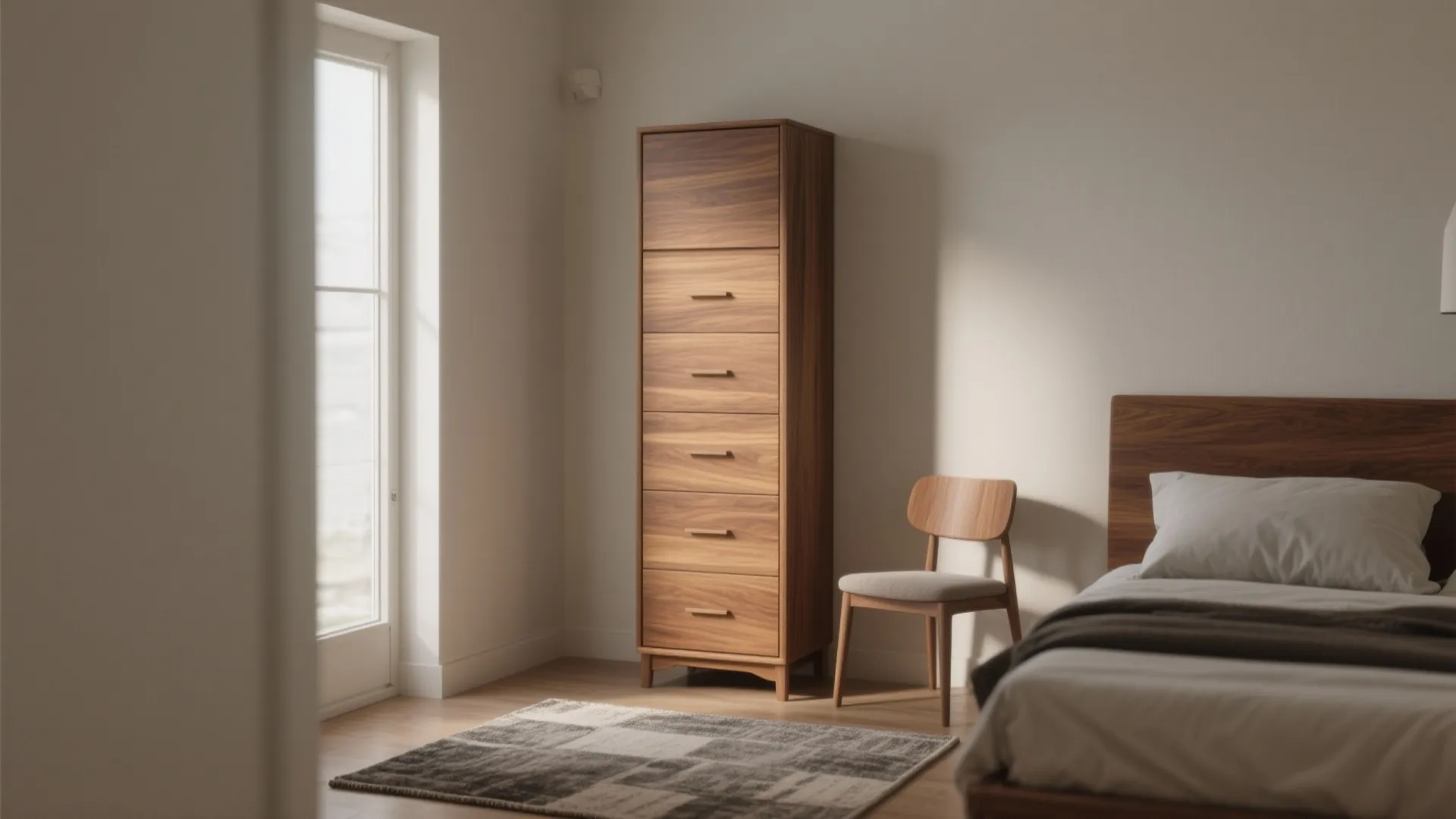 Minimalist bedroom featuring a tall wooden cabinet next to a simple chair and white window frame