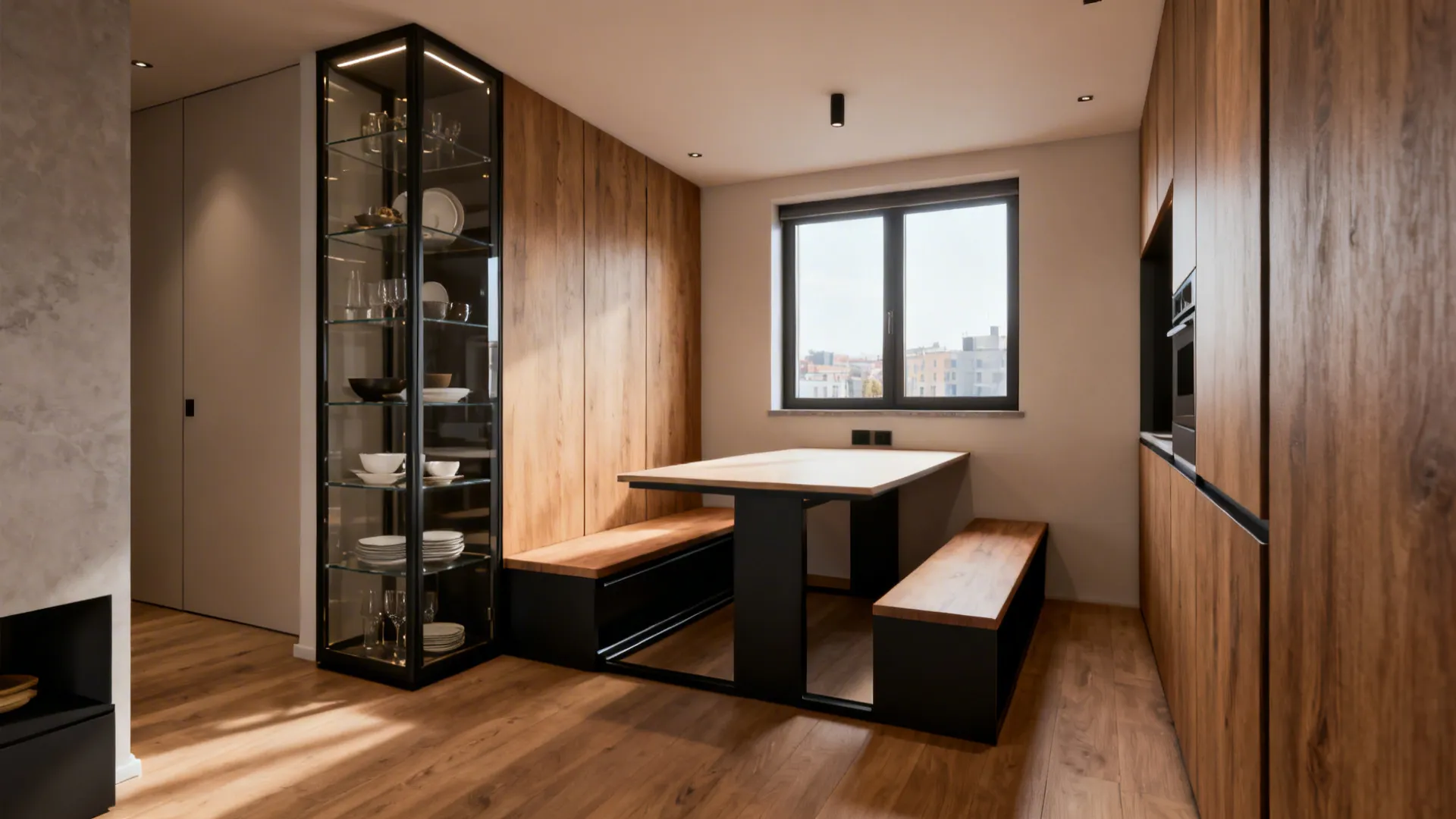 Tall narrow china cabinet in the corner with a slim bench under a modern dining table.