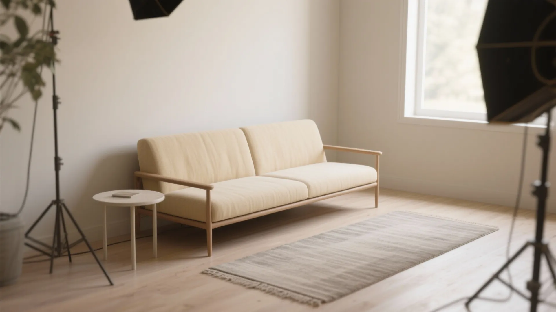 Minimalist light yellow sofa placed in a bright room with rug side table and window