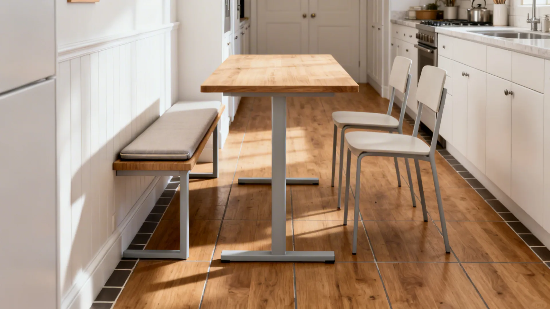 Slim trestle table with a tucked bench in a narrow galley kitchen.