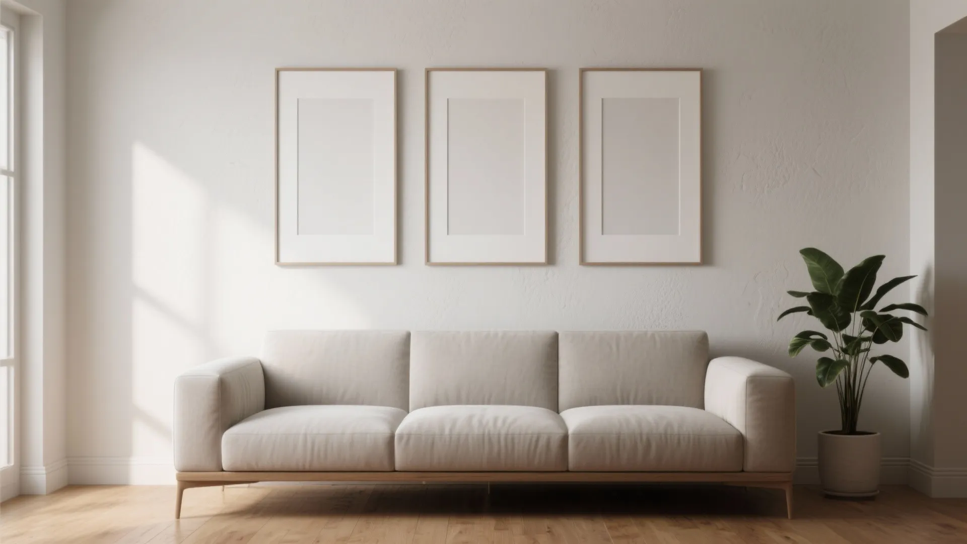 Narrow three-panel triptych above a slim sofa with consistent matting and precise spacing.