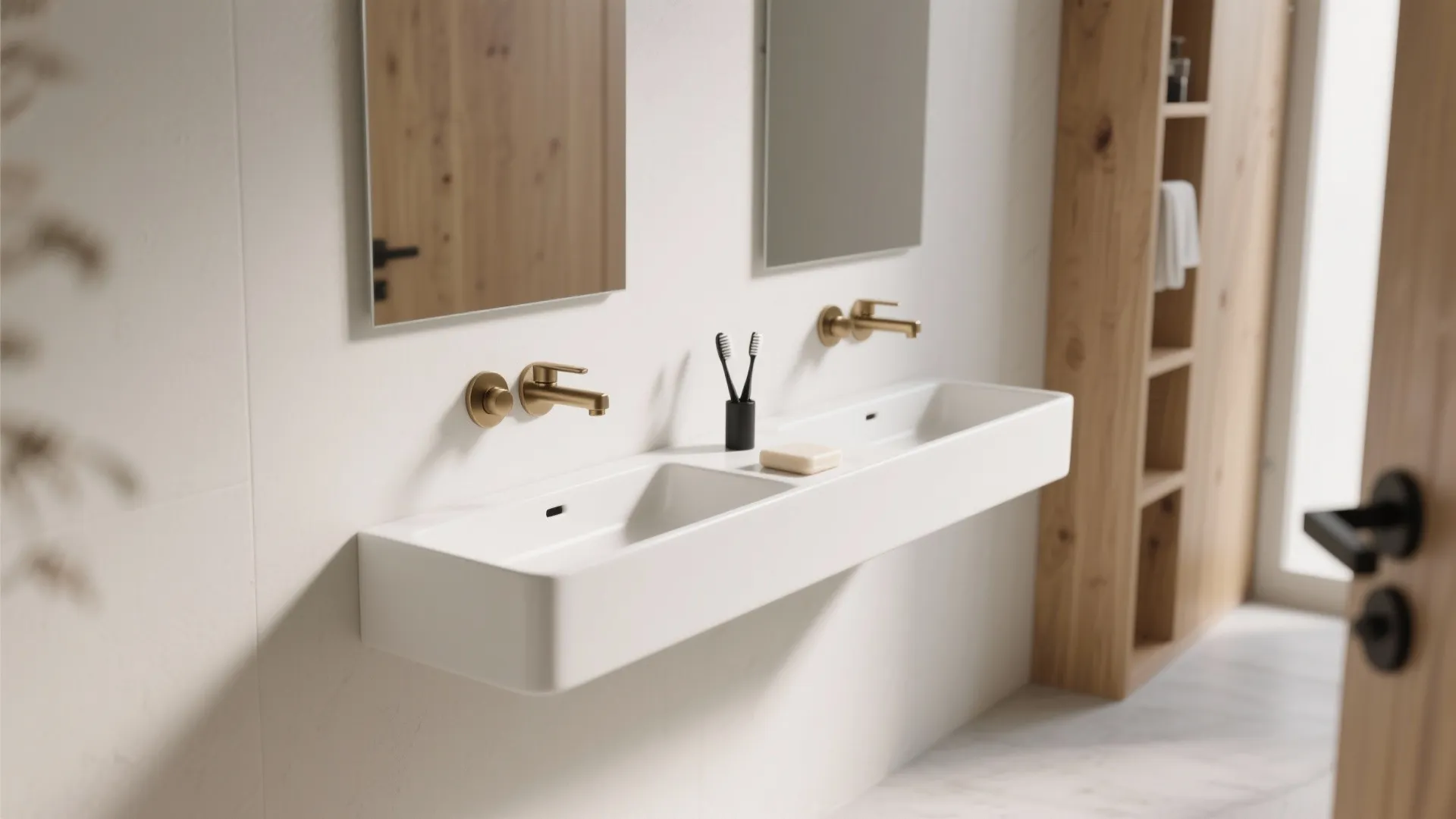 Narrow wall-mounted trough basin with dual faucets enabling parallel use in a slim bathroom.