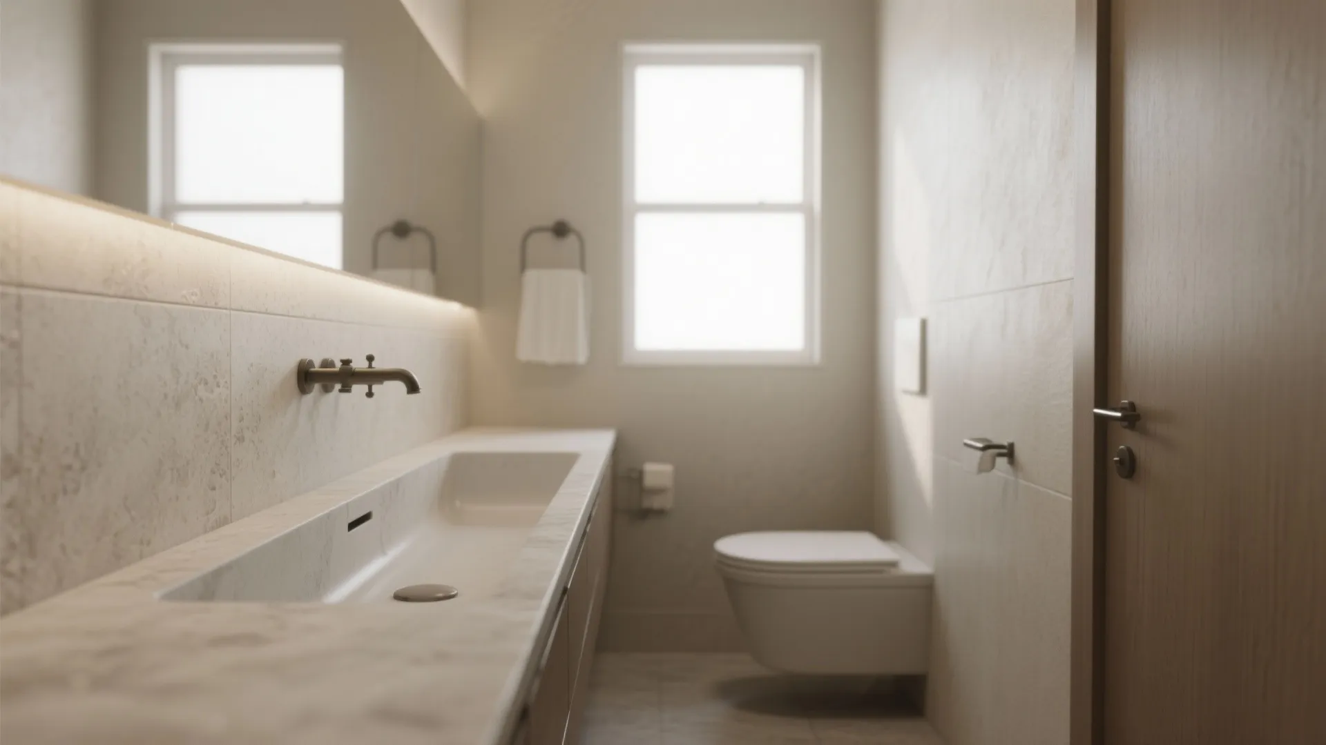 Long narrow white bathroom sink with wall light and a toilet in a modern bathroom