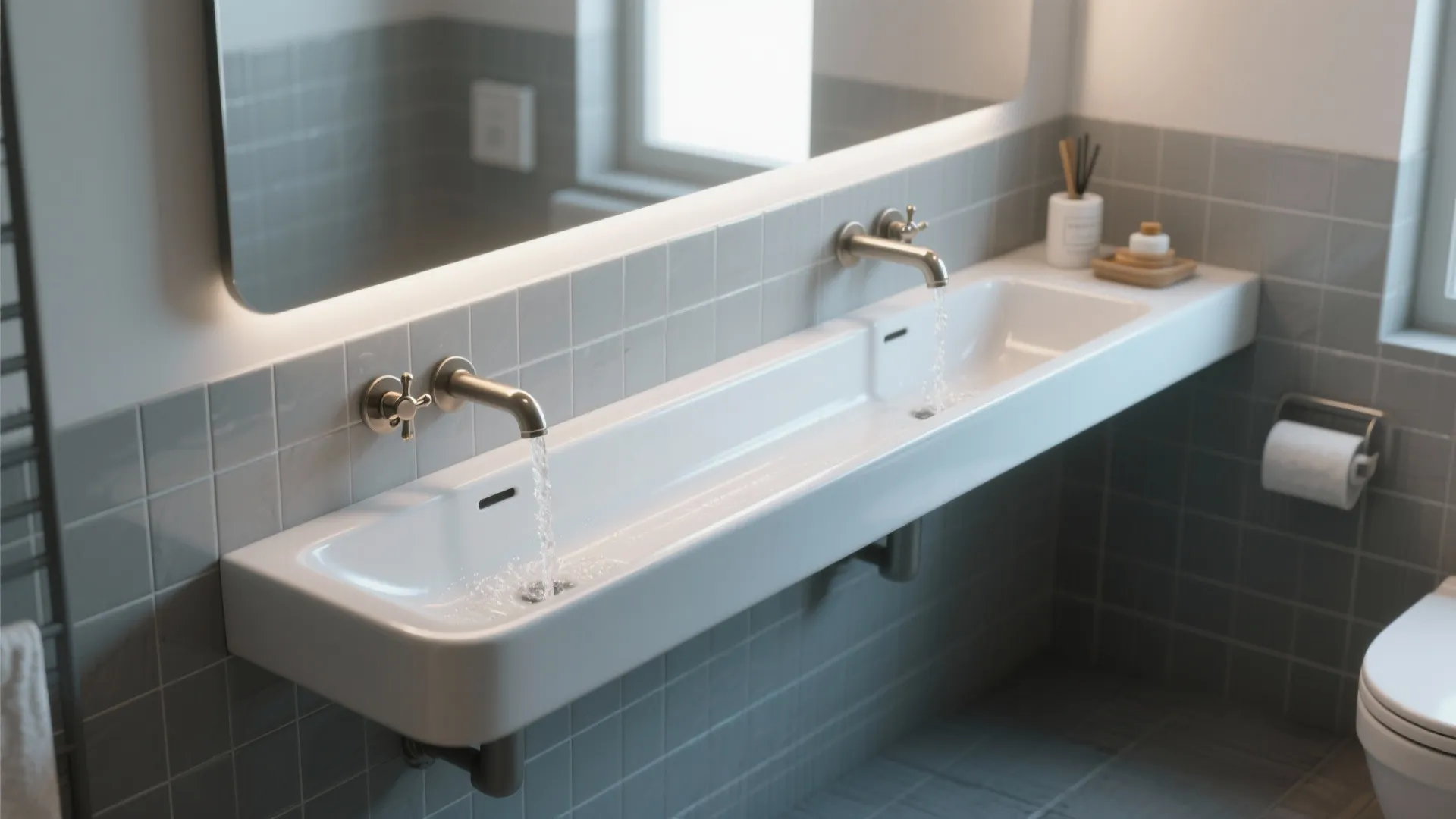 Long double bathroom sink with two gold wall faucets and grey square tiles in bathroom