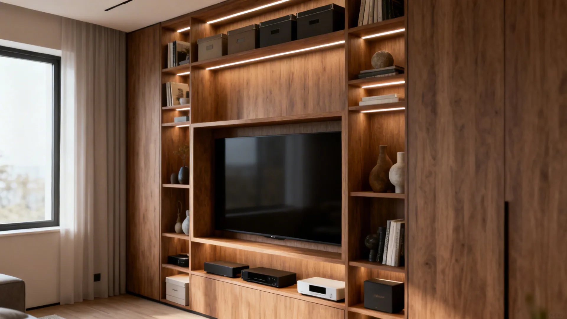 Narrow floor-to-ceiling shelving with a recessed TV niche and organized storage