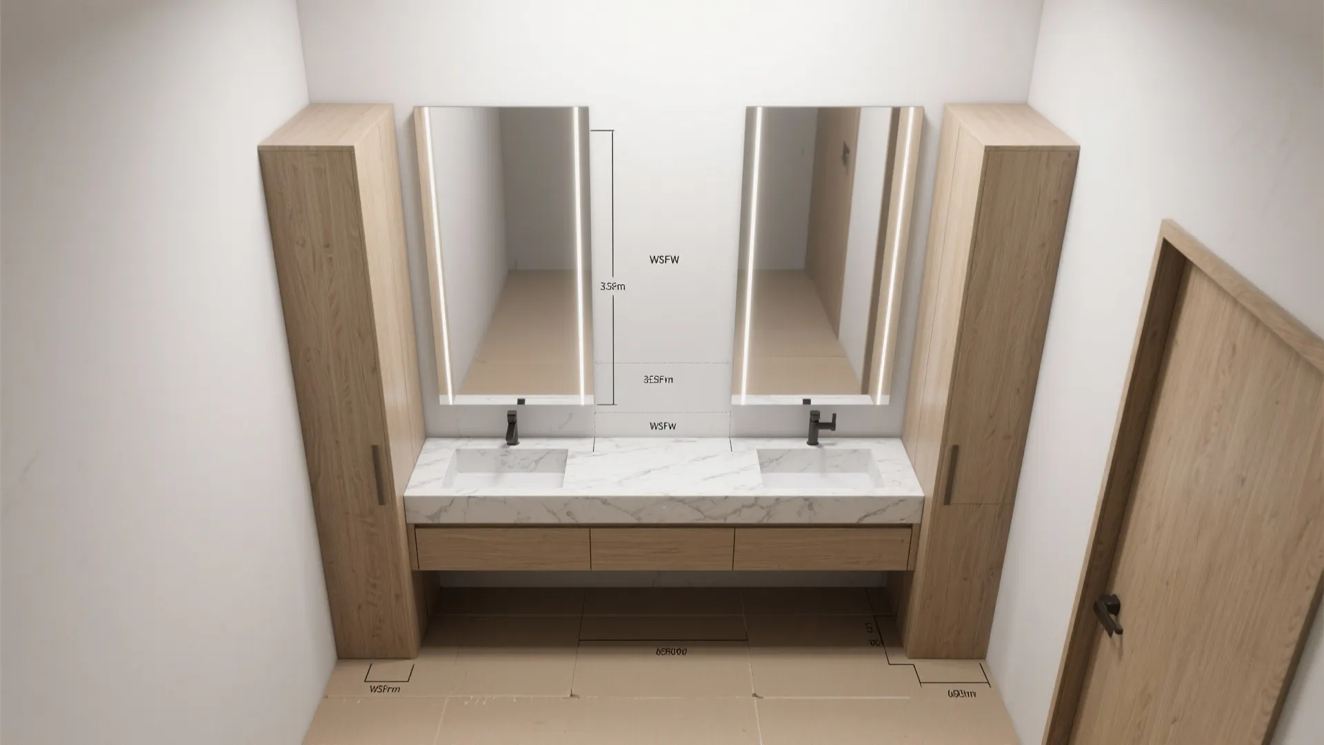 3. Narrow Twin Vanities with Shared Storage