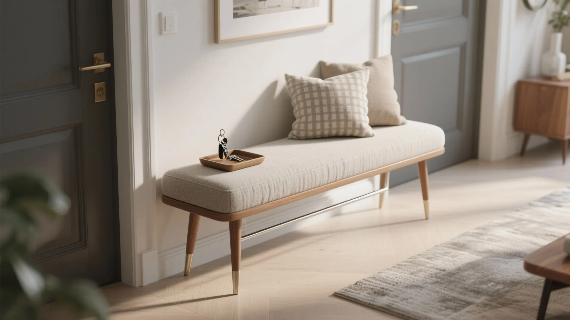 Narrow upholstered bench near an entrance with tapered legs and matching cushions.