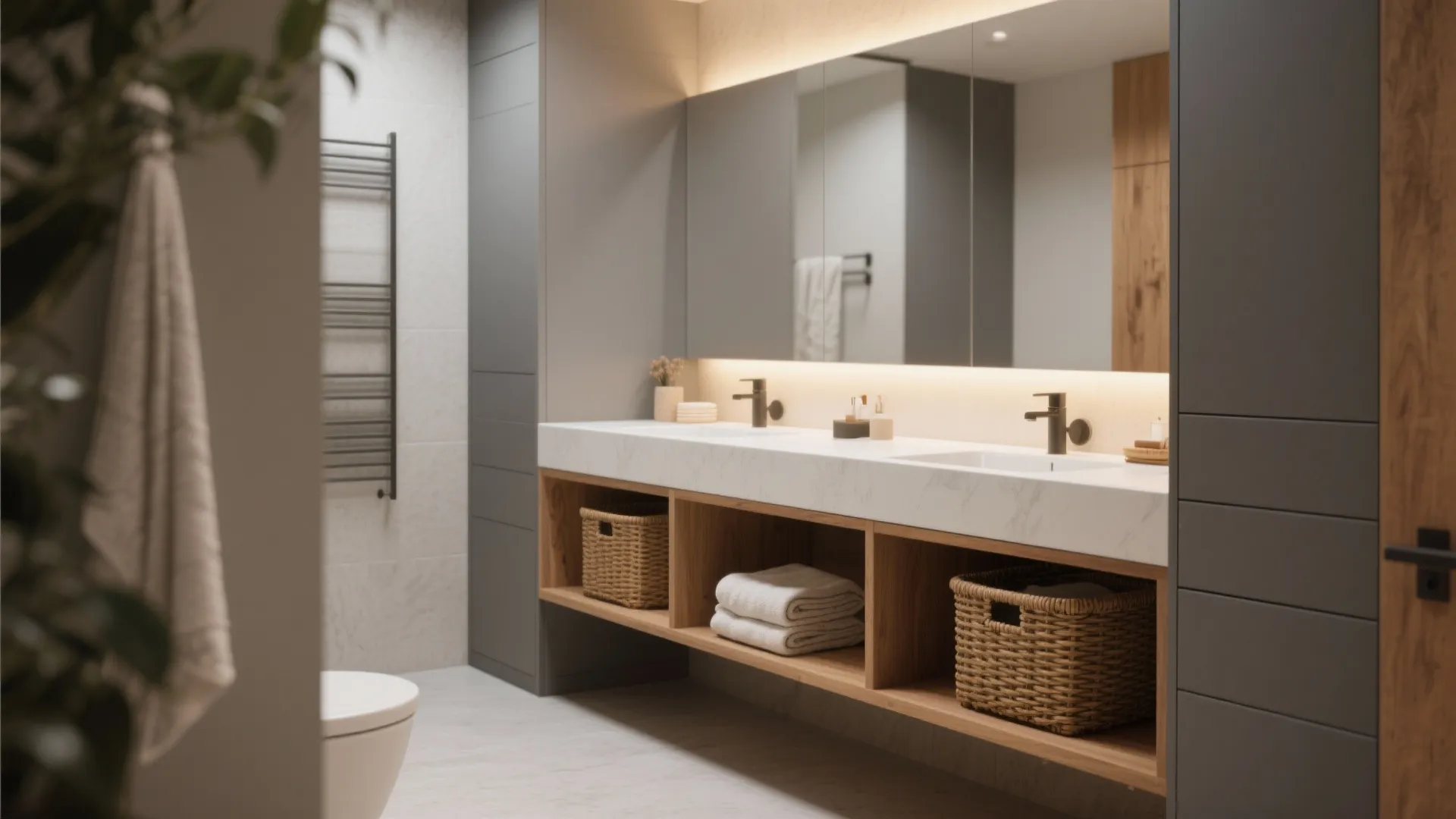 4. Choose a narrow vanity and open lower shelving