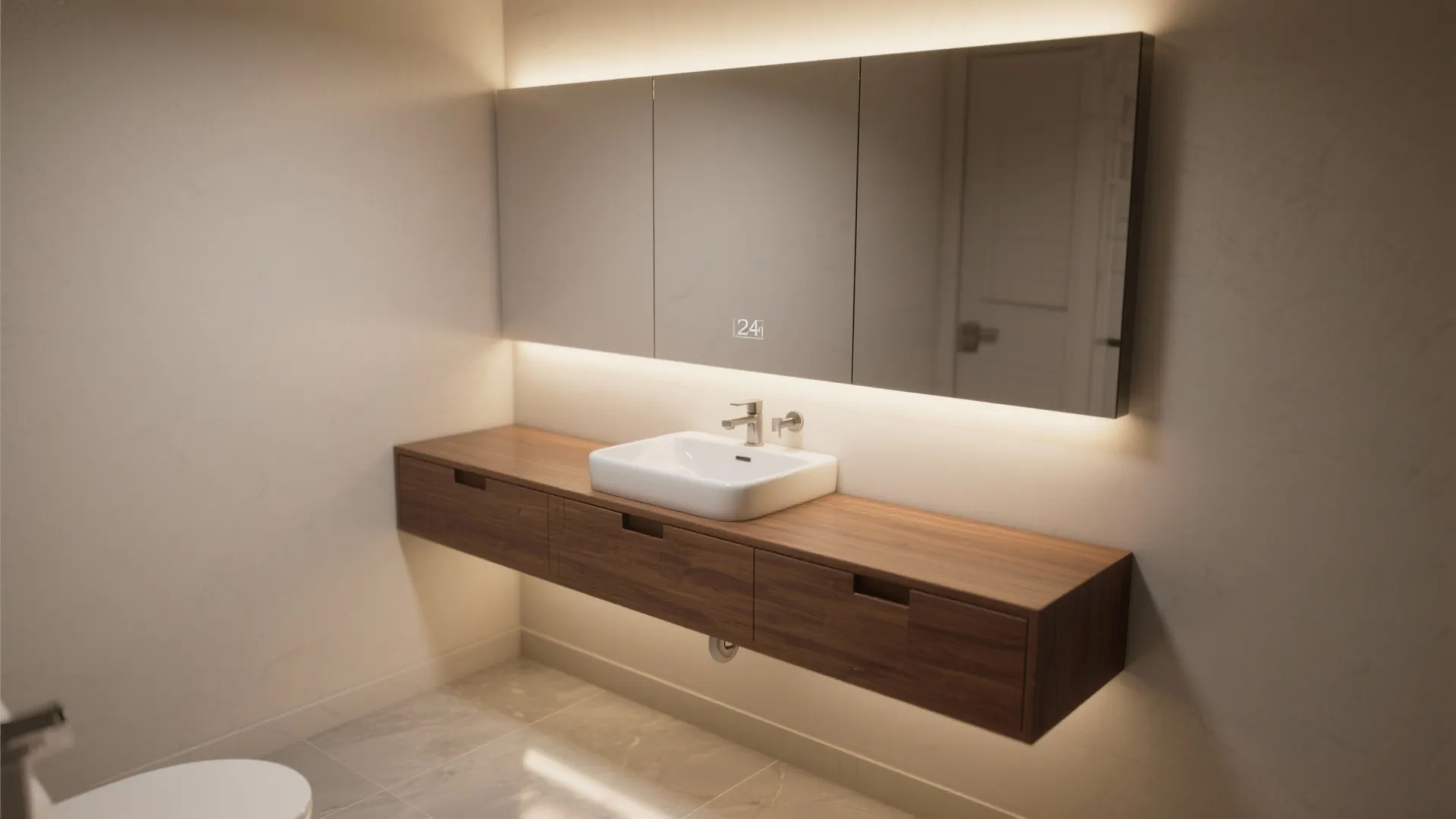 Floating wooden cabinet with white sink, large lighted wall mirror, and modern minimalist bathroom design