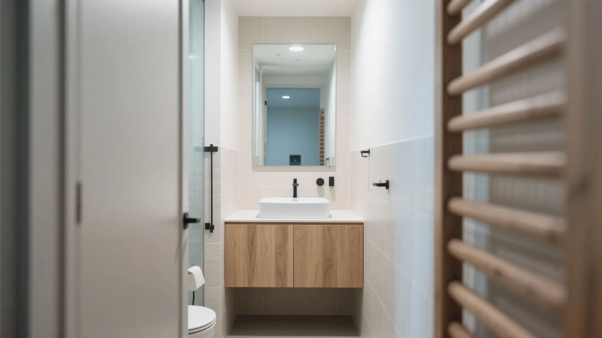 Modern small bathroom with wooden cabinet white sink vertical mirror and light grey wall tiles