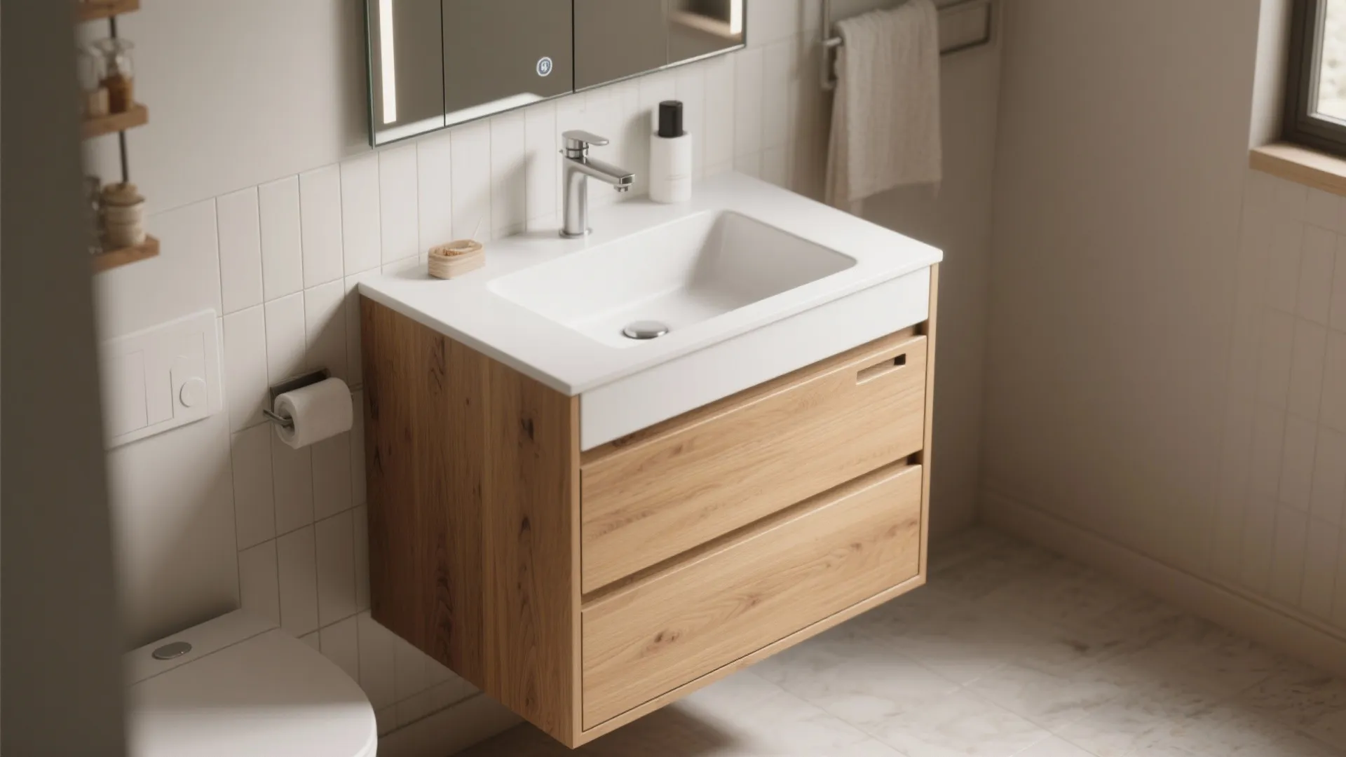 3. Narrow, tall vanities with integrated sinks
