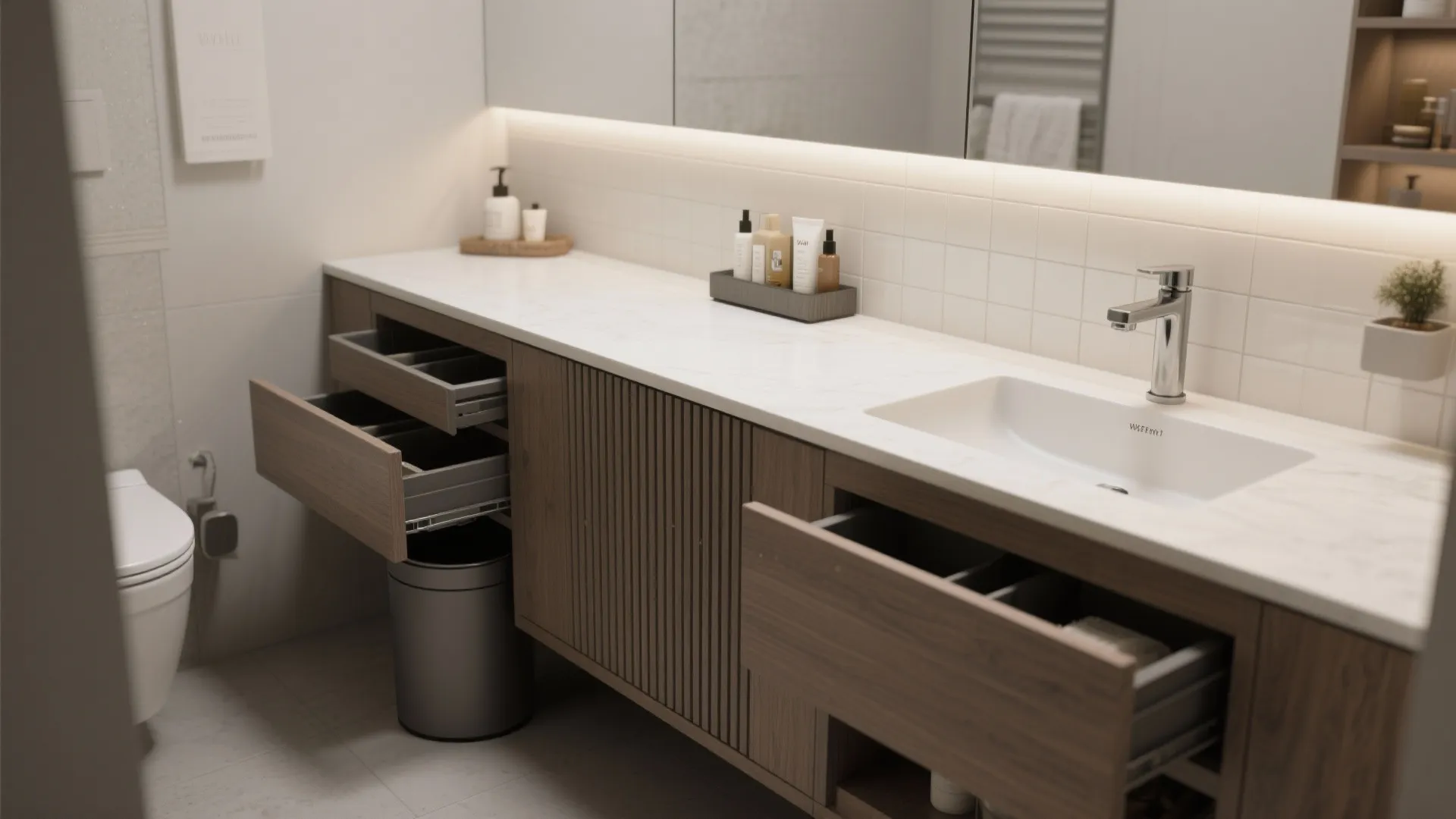 Slim vanity with integrated pull-out trays and a 2.2 gpm faucet in a narrow bathroom