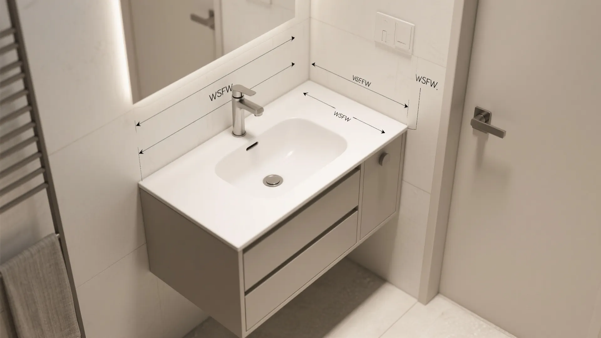 Top-down view of a small grey bathroom cabinet with a white sink and measurement lines
