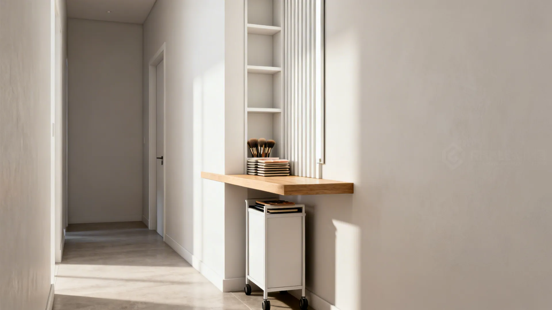 Narrow vanity with vertical shelving and a slim rolling cart in a corridor nook.