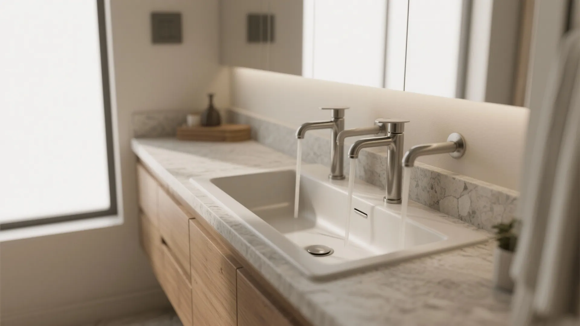 Three silver faucets pouring water into a white sink with marble top and wooden drawers