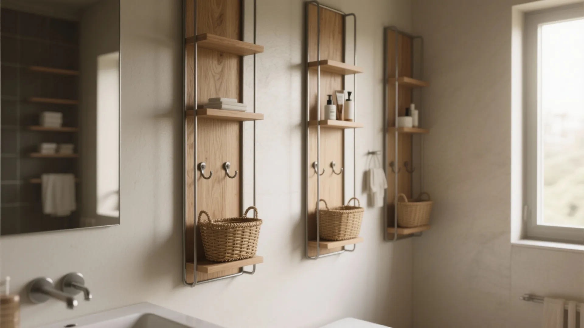 Three narrow vertical wooden wall shelves holding woven baskets and toiletries in a bright bathroom