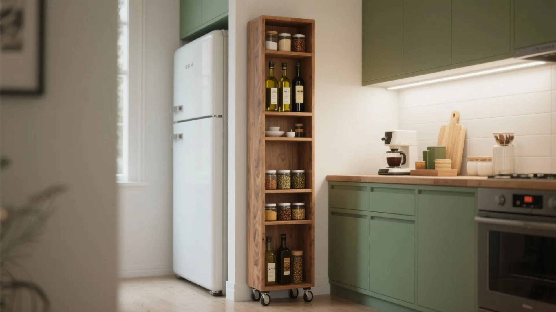 Slim wooden rolling storage shelf filled with bottles and jars between refrigerator and green cabinets