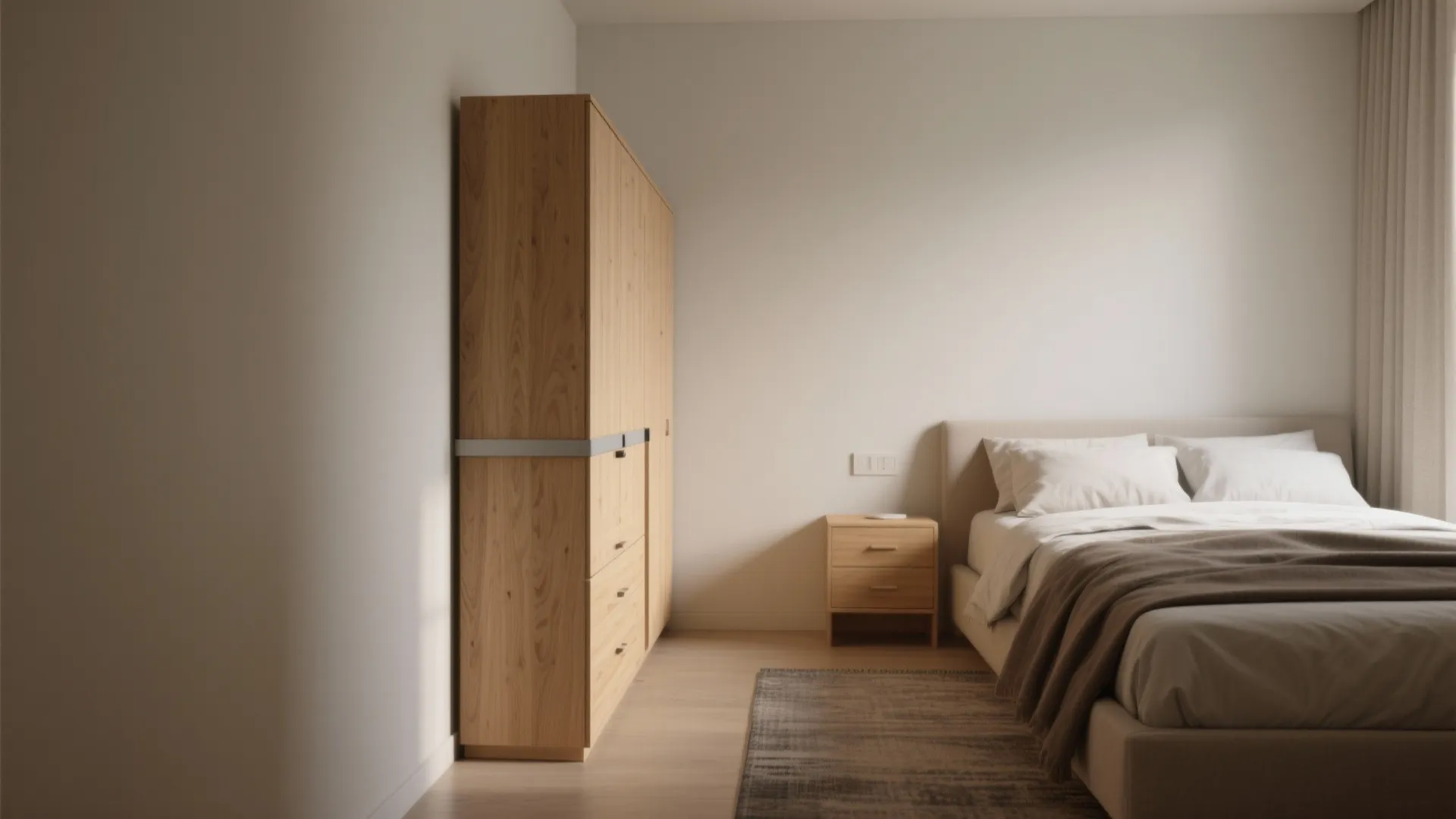 Slim tall dresser anchored to the wall in a narrow bedroom, preserving walking space.