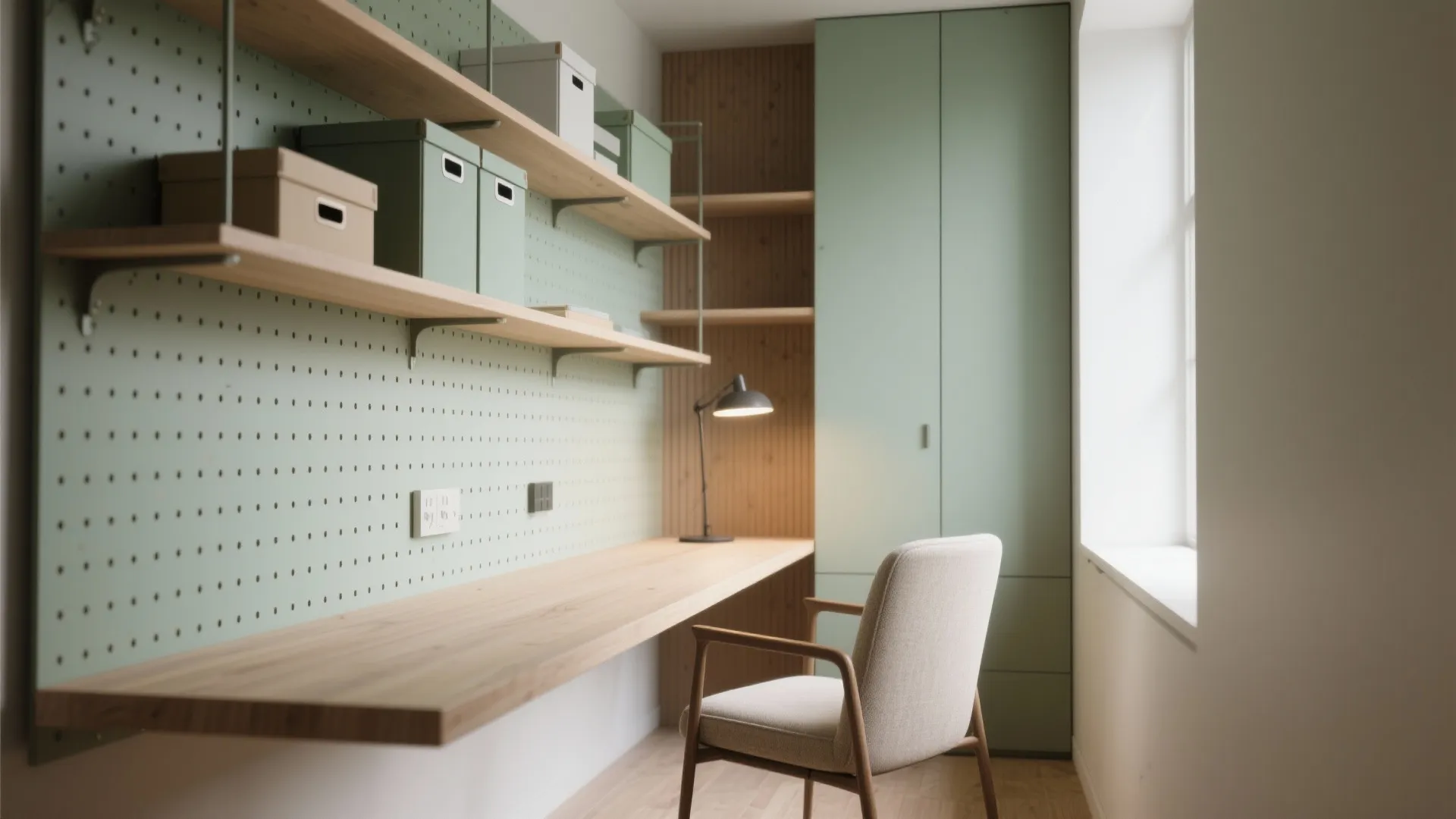 Minimalist study area with long wooden desk green wall panel storage boxes chair and tall cabinet