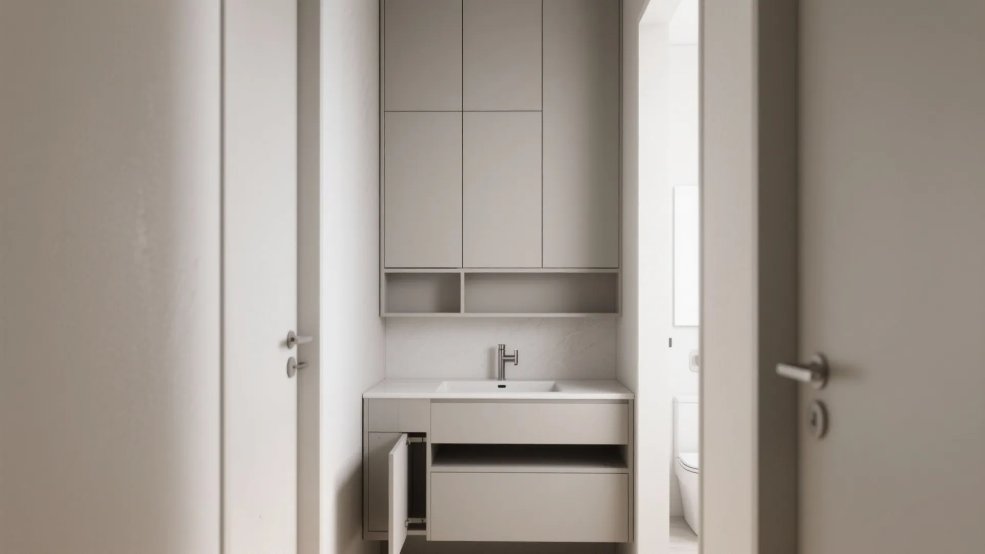 3. Narrow vertical vanity (stacked storage)