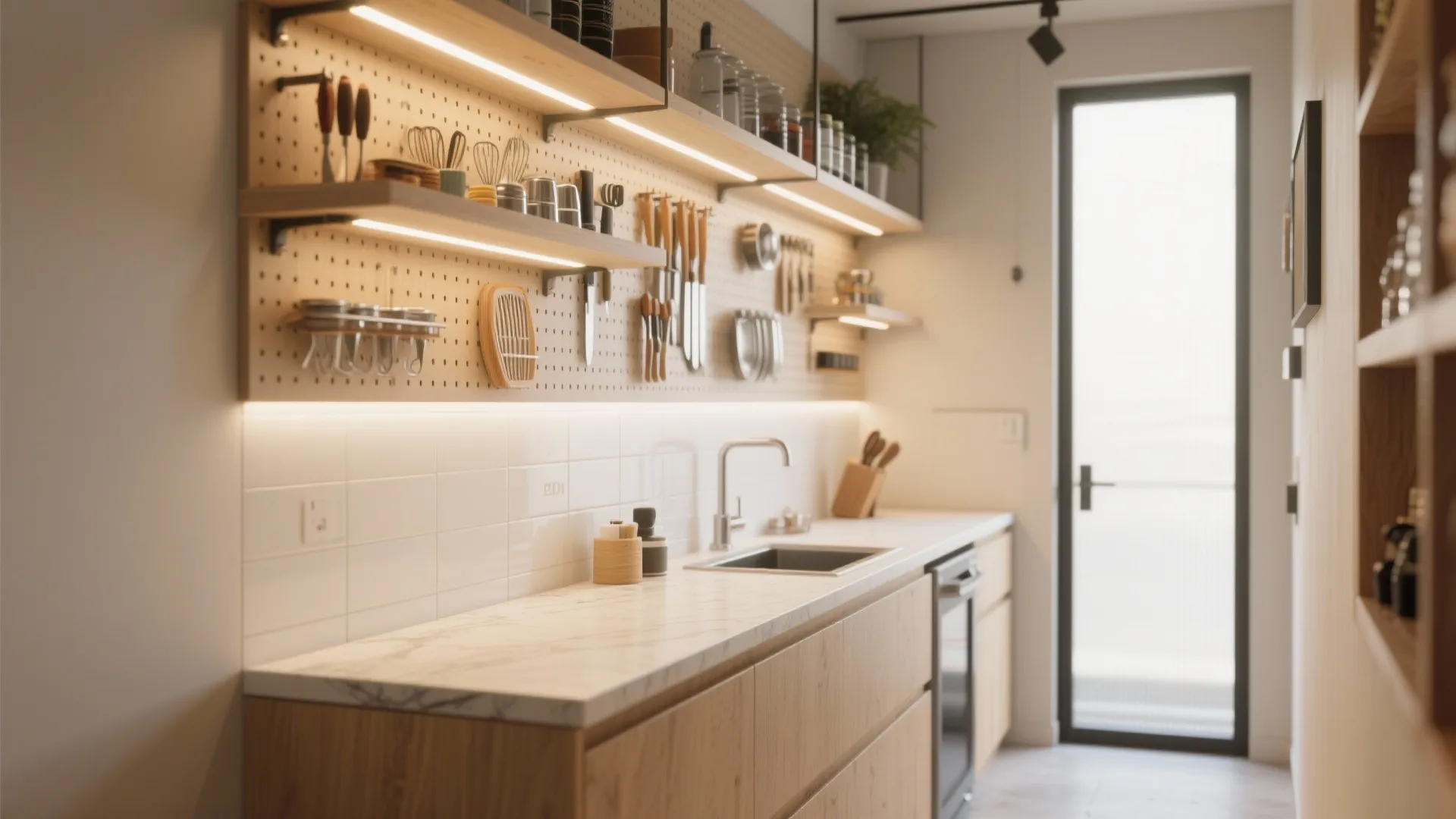 Small kitchen area with white marble countertop wooden cabinets wall pegboard and integrated warm shelf lighting