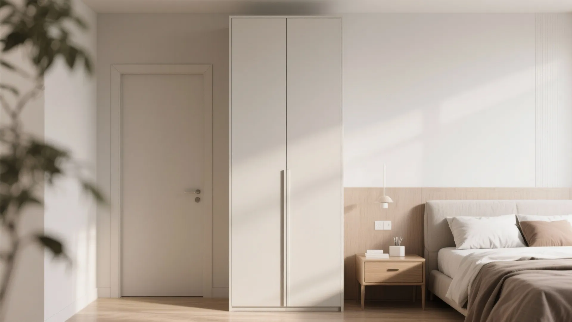 Modern minimalist bedroom interior design drawing with white cabinet wooden floor bed and natural soft light