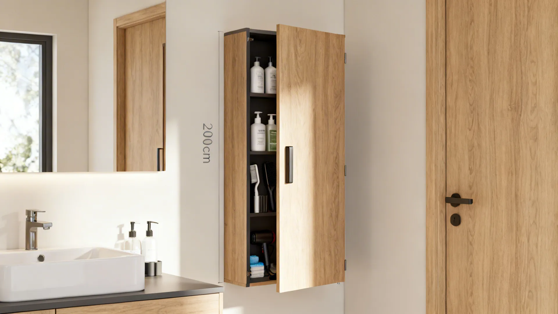 Open wall mounted wood cabinet in a bathroom showing bottles a hair dryer and toiletries