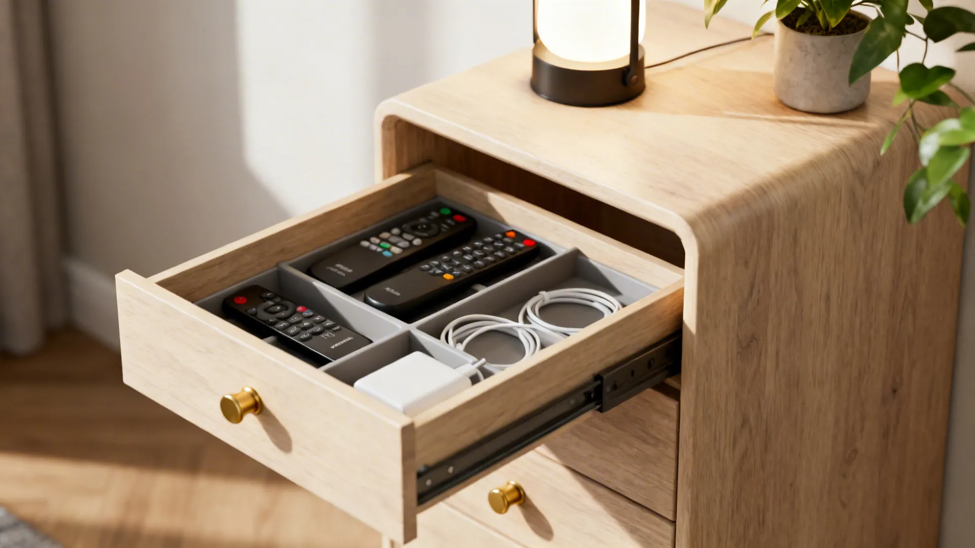 Slim vertical side table with shallow organized drawers holding remotes and chargers.
