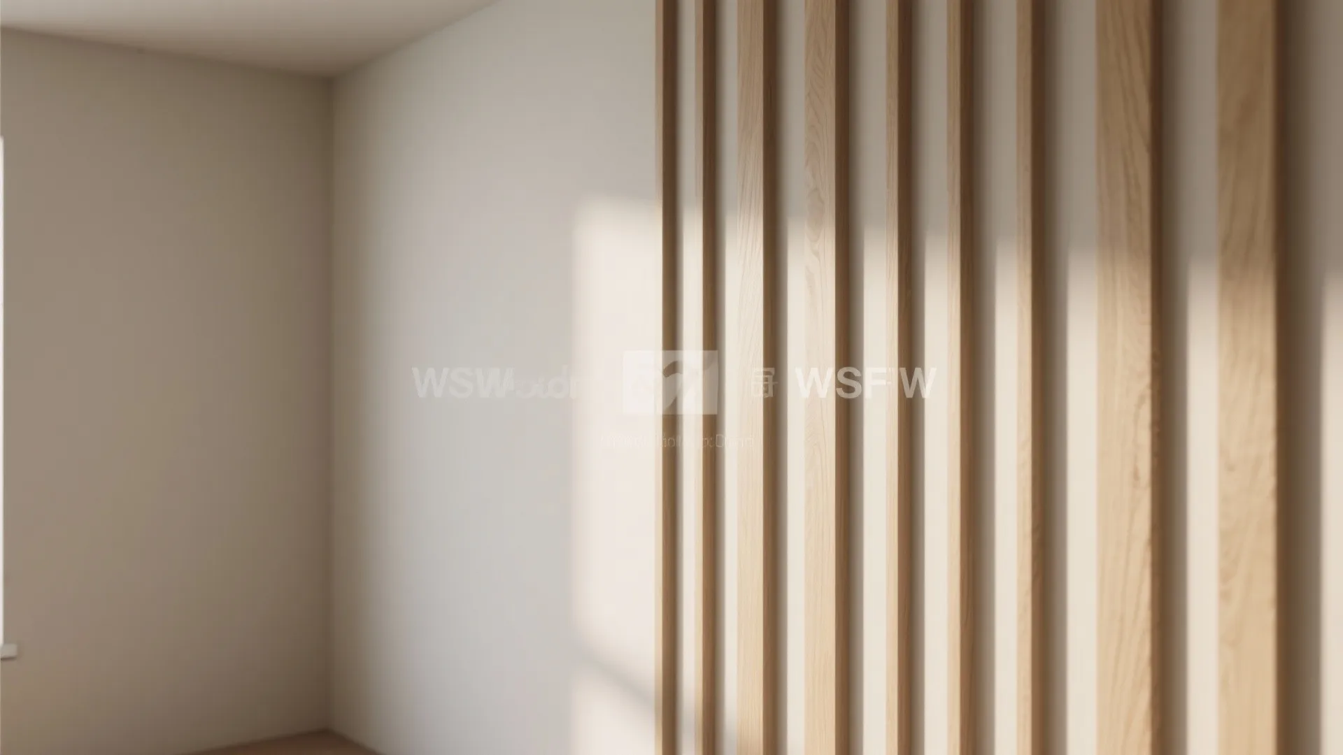 Close up of vertical wooden wall panel stripes in a bright room with natural soft sunlight