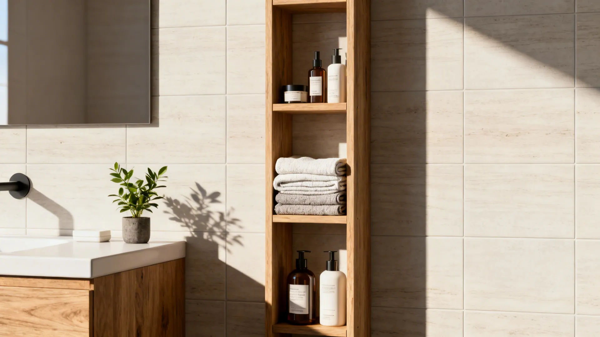 Tall narrow wooden shelf beside a vanity holding towels and skincare items.