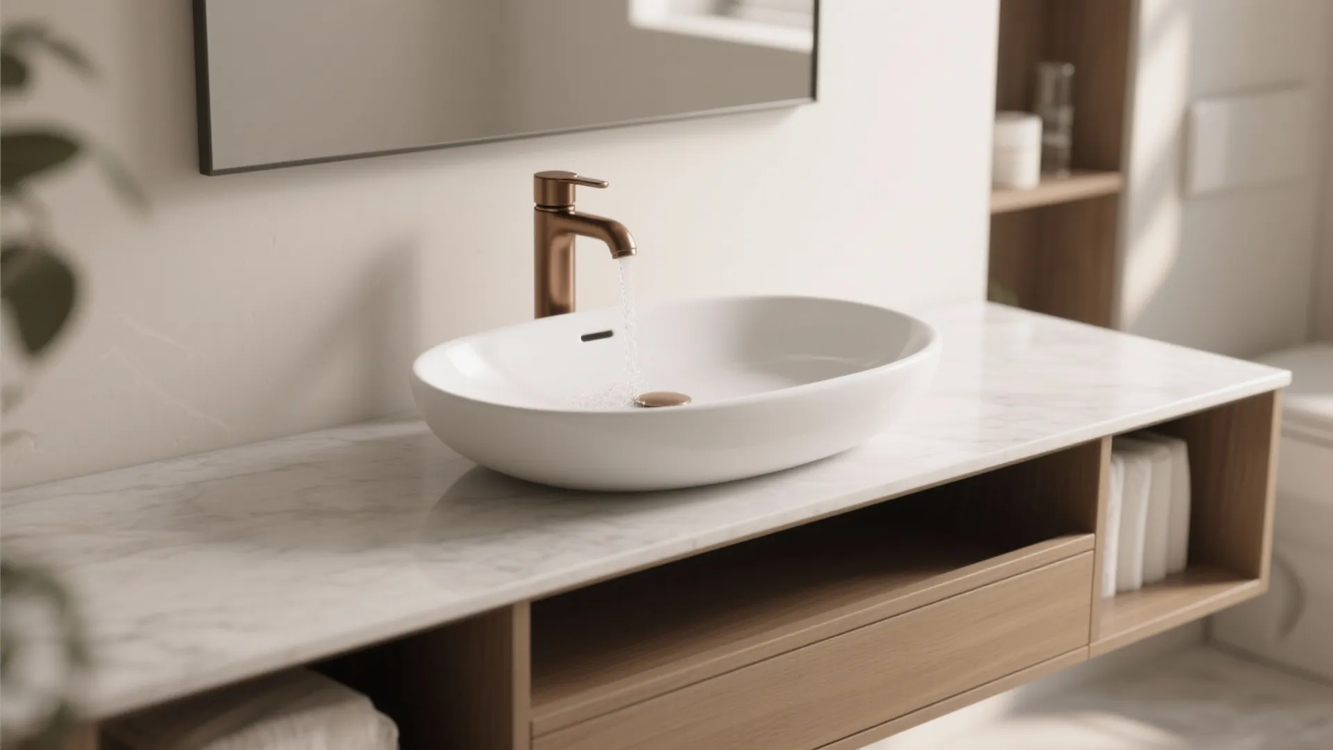 White oval bathroom sink on marble countertop with bronze faucet and water flowing into the basin