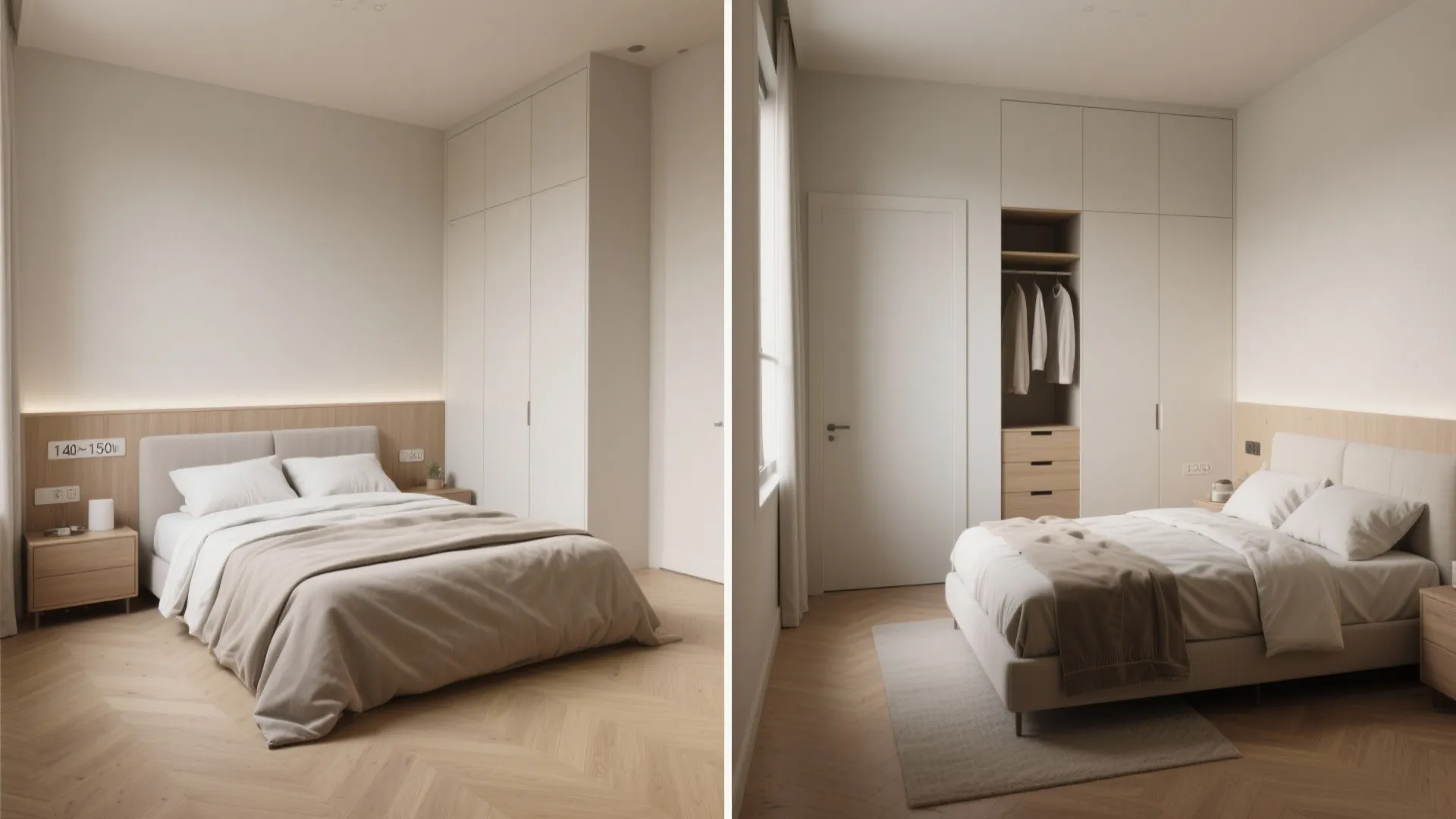 Side-by-side room comparison: standard double bed cramped versus slightly narrower double with more walking space.