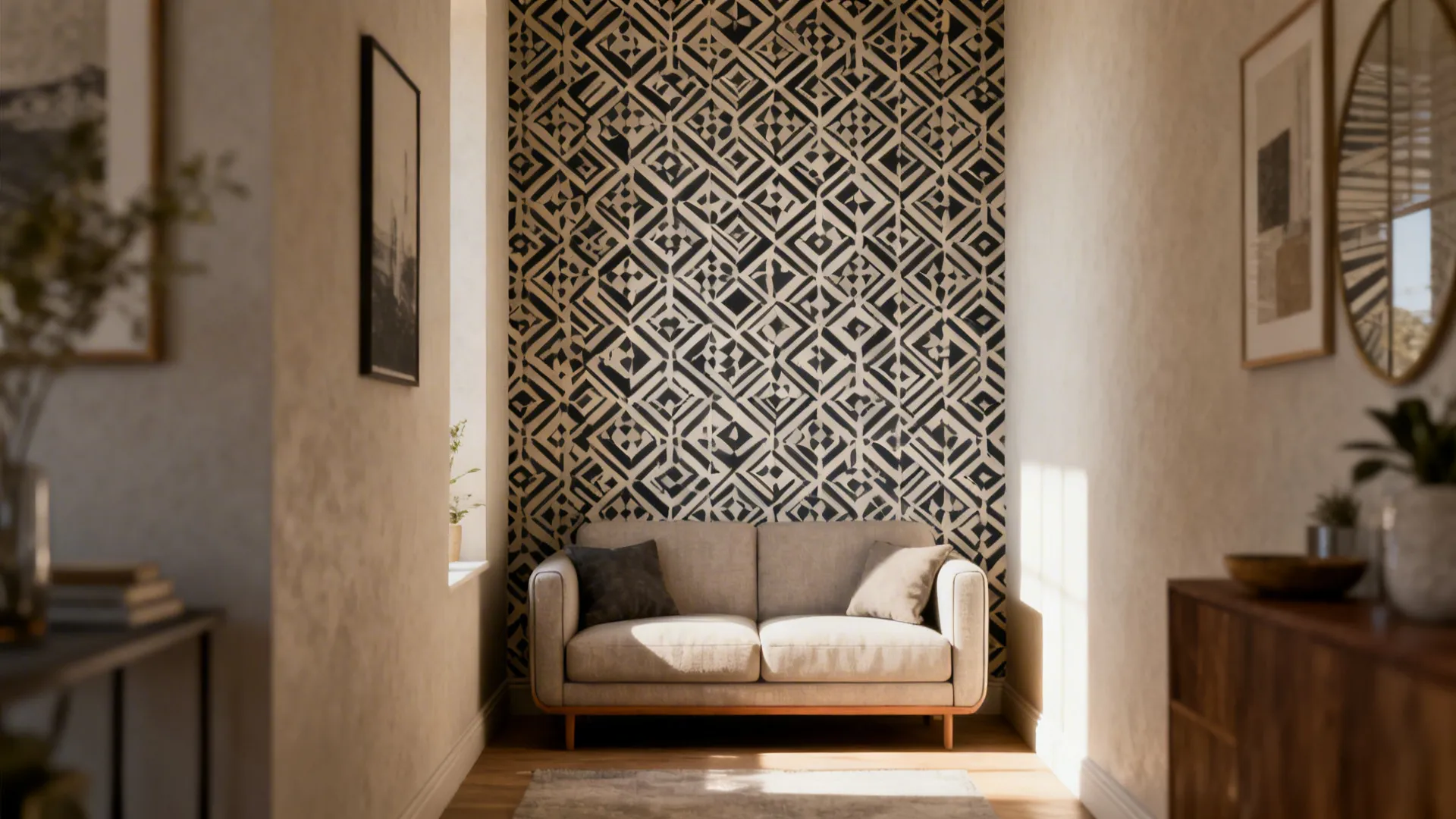 Narrow living room wall with bold geometric wallpaper behind a compact sofa