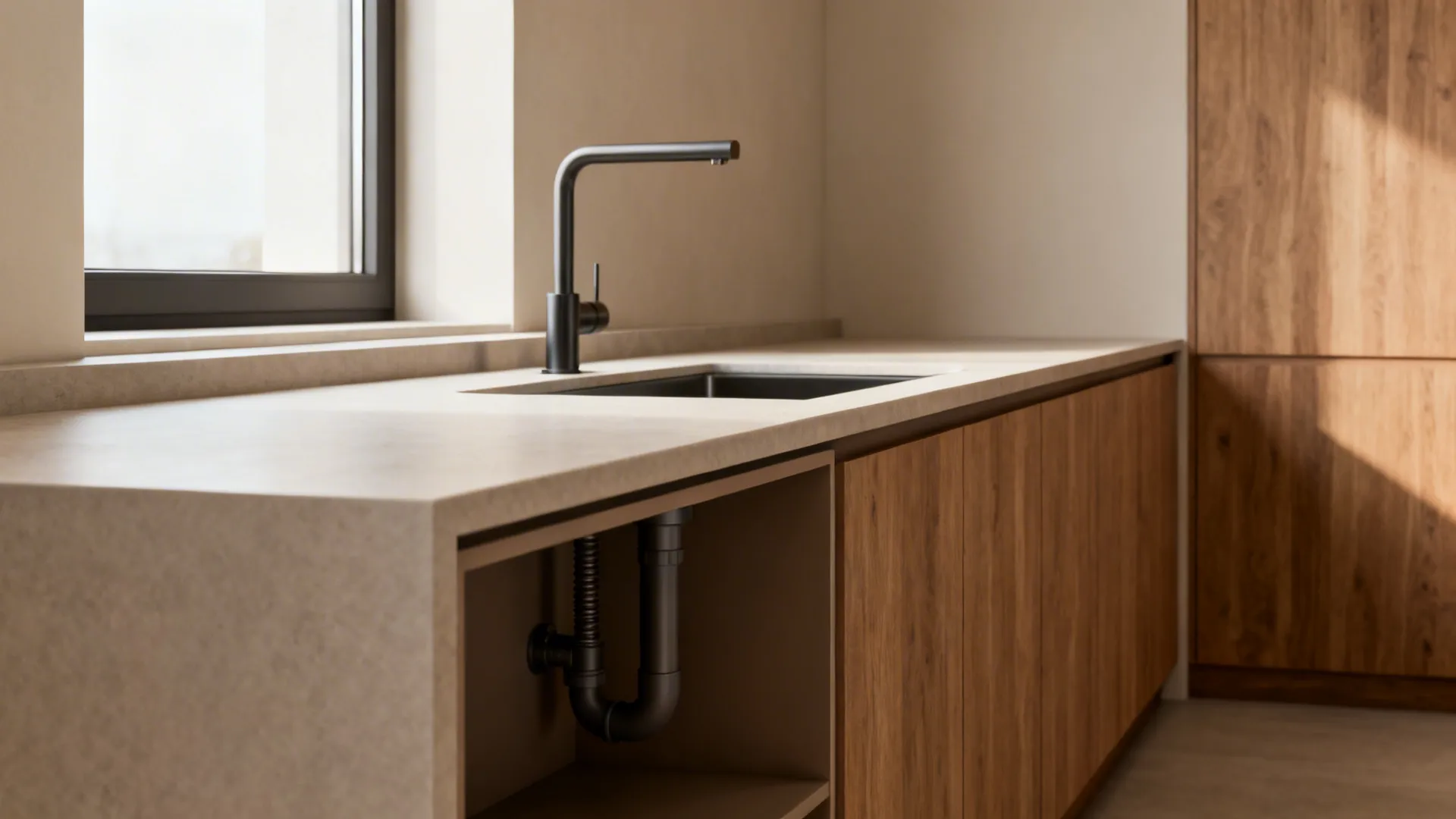 Narrow waterfall island with slim undermount sink and shallow cabinet plumbing.