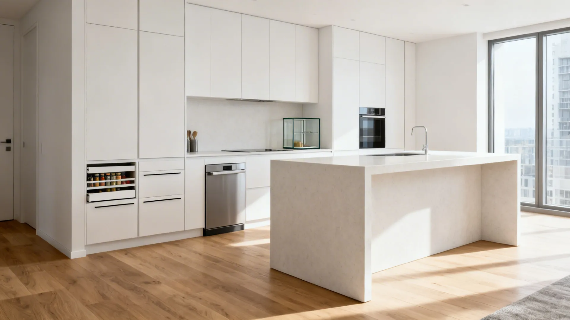 Minimalist waterfall-edge small island with hidden storage in a modern kitchen.